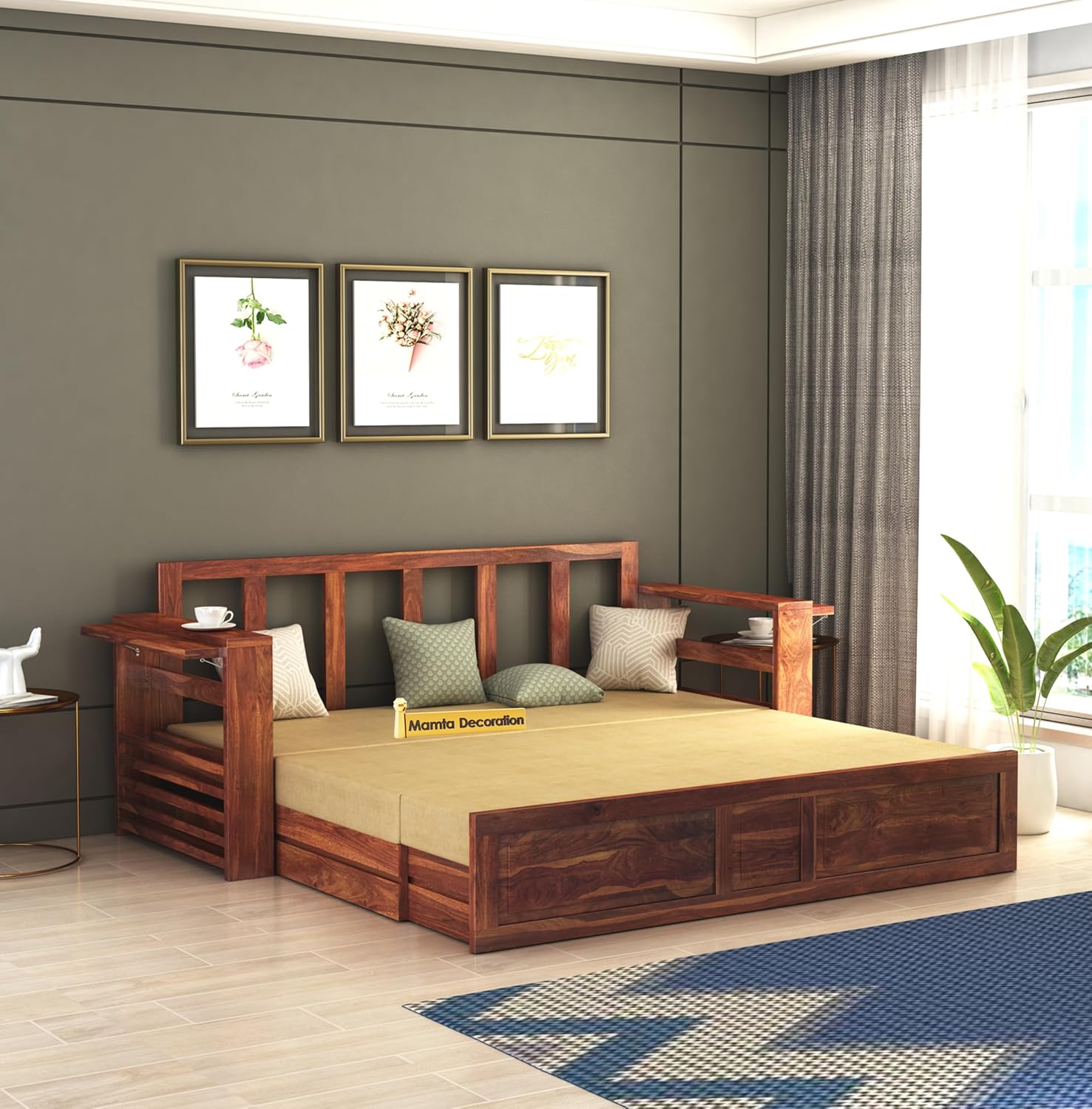 MAMTA DECORATION Solid Sheesham Wood 3 Seater Sofa Cum Bed with Drawer and Side Pockets Storage | Multipurpose Wooden Sofa Furniture for Home and Living Room (Honey Finish – 1 Year Warranty) MAMTA DECORATION Solid Sheesham Wood 3 Seater Sofa Cum Bed with Drawer and Side Pockets Storage | Multipurpose Wooden Sofa Furniture for Home and Living Room (Honey Finish – 1 Year Warranty)