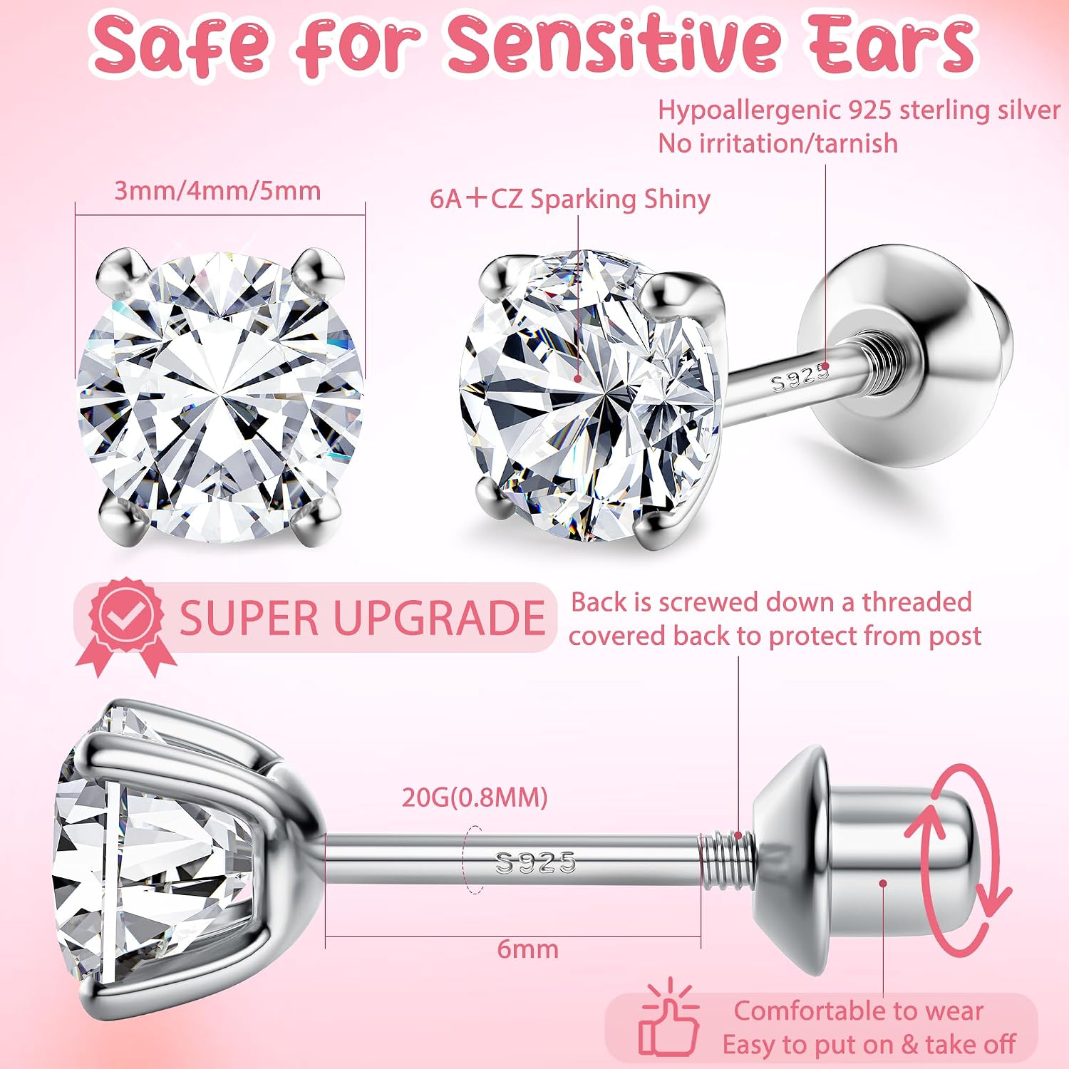 FASACCO 925 Sterling Silver Stud Earrings 18K White Gold Plated Screw Back Earrings for Women Girls Hypoallergenic Cubic Zirconia Earrings Studs 3MM 4MM 5MM Sparkling CZ Over 36 Months Old
