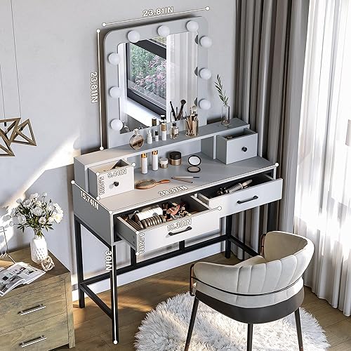 Miniatura 5 de Sunvivi Escritorio de tocador con espejo iluminado, mesa de tocador de maquillaje blanca grande de 40 pulgadas con 4 cajones, 3 modos de iluminación