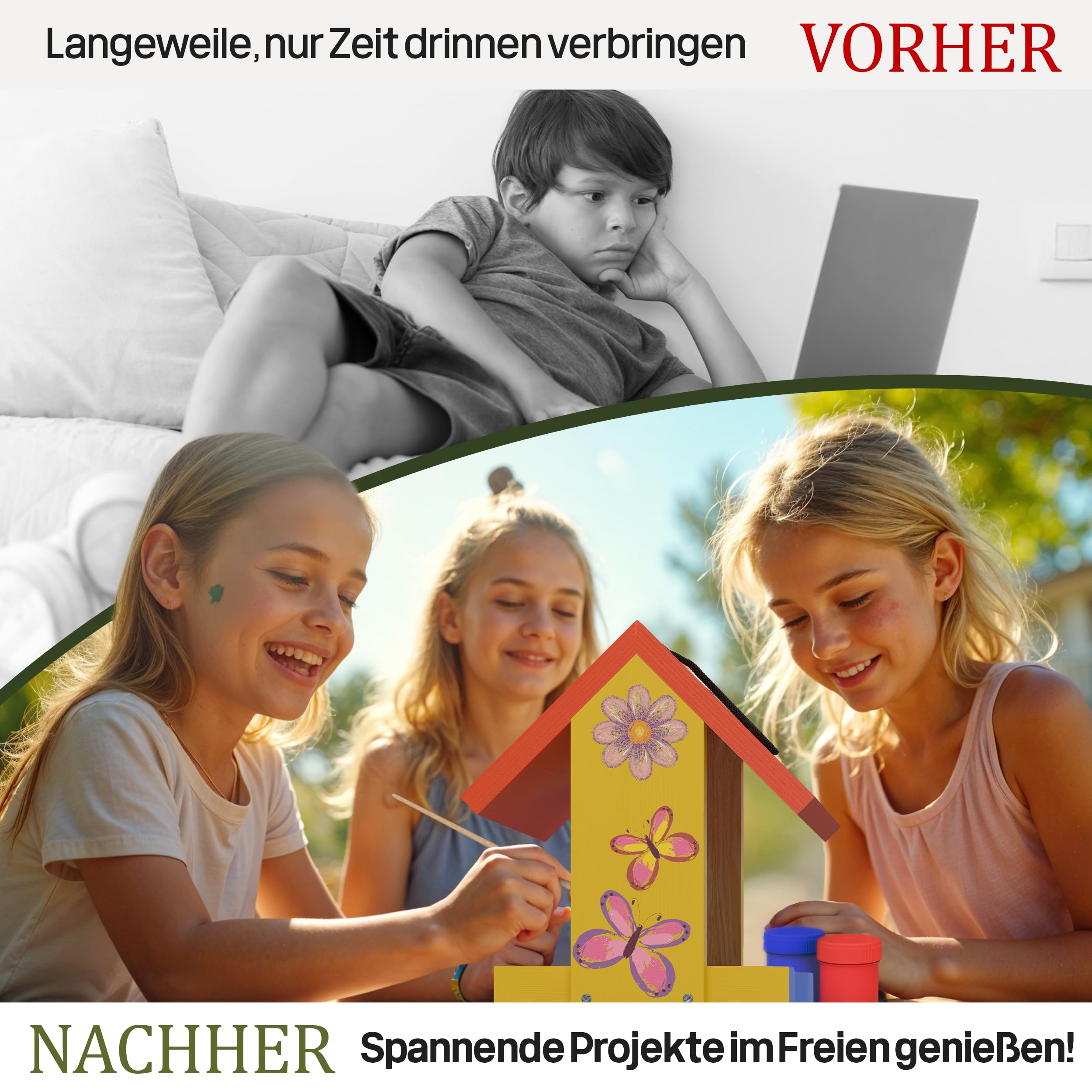 Eli® Vogelfutterhaus Bausatz für Kinder aus Kiefernholz zum bemalen inkl. 6 Farben - Pinsel - Hammer - kreative Schablonen - Vorlagen und Nägel - Nistkasten