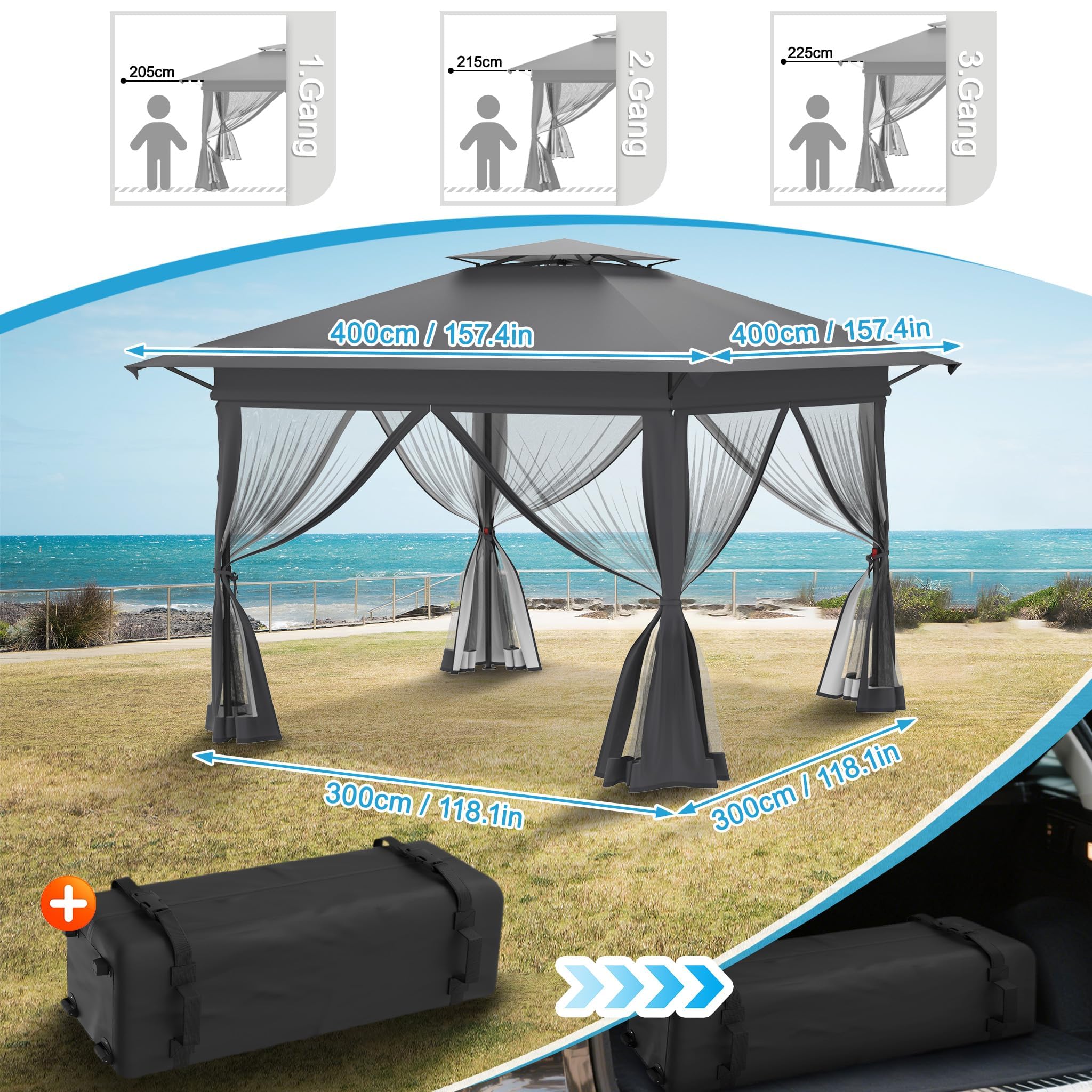LZQ Tonnelle pliante 4 x 4 m anthracite - Avec double toit - Parties latérales en moustiquaire amovibles - Hauteur réglable - Avec sac de transport, cordes à vent et piquets pour jardin, terrasse et