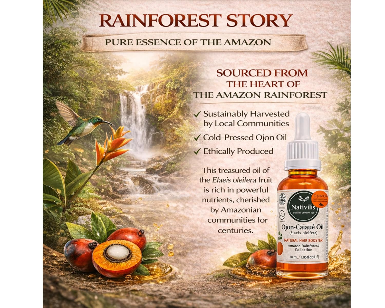 Nativilis Ojon Oil - Caiaue - (Elaeis oleifera) Natural Hair Skin Booster Rainforest Virgin Oil - revitalizes damaged follicles helps effective hair growth volumize and get tame frizz – Copaiba