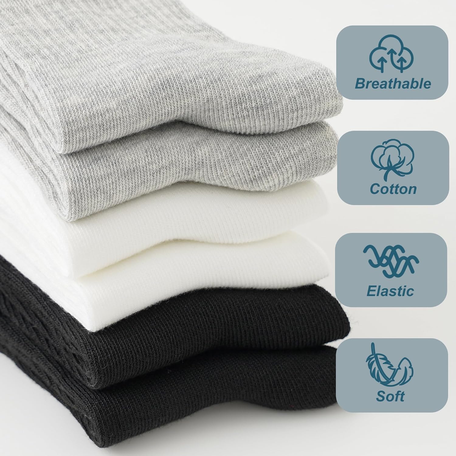 Kids Socks Boys Soccer Athletic School Socks 4 Pairs Breathable White & Black