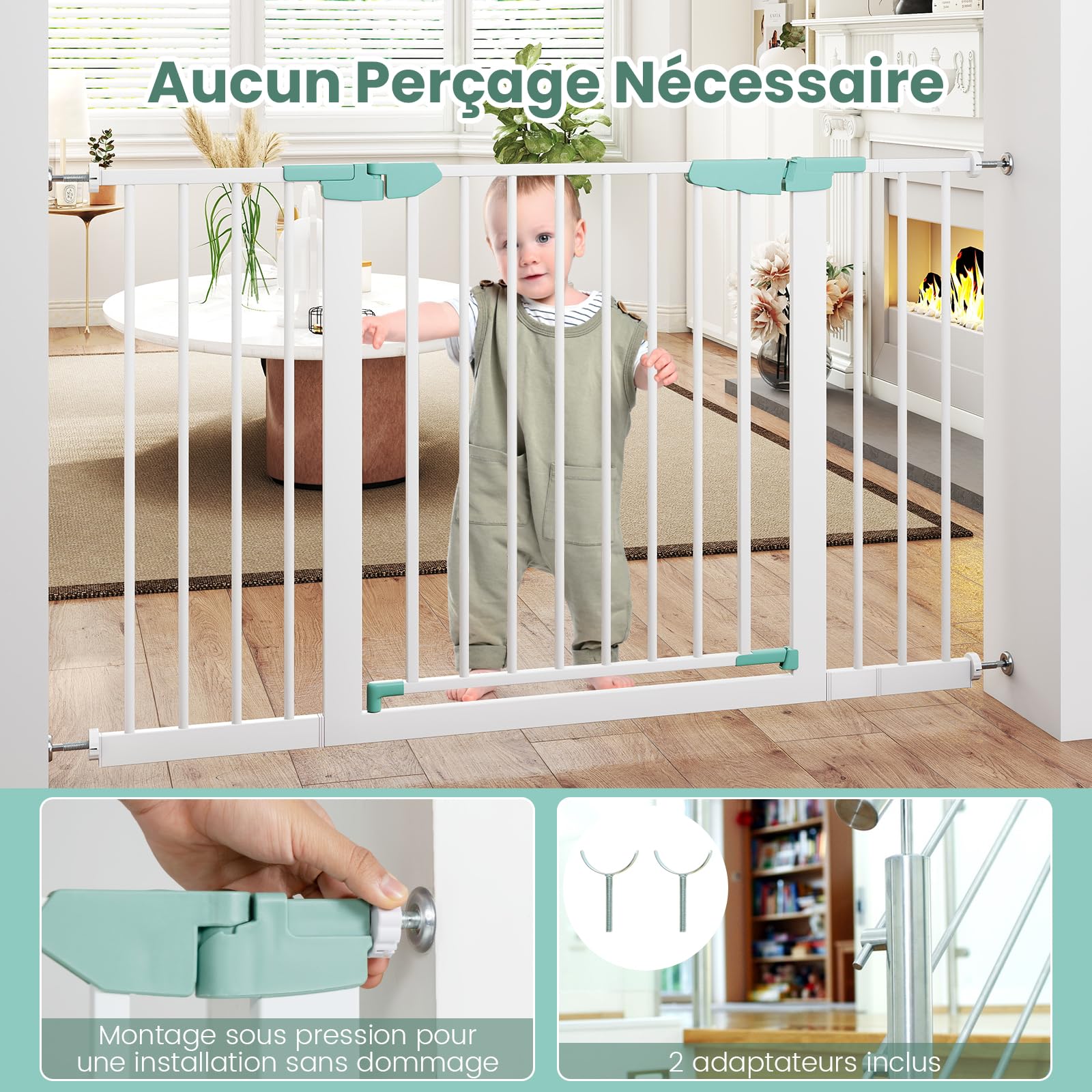 DREAMADE Barriere de Securite Enfant et Animaux sans Perçage 80-132CM avec Extension et Kit de Montage,Barrière d'Escalier à Fixation par Pression avec Fermeture Automatique,Cadre Métal (Blanc)