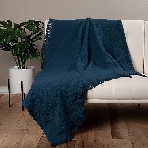 Muslin Throw Blanket for Couch, 100% Cotton, 60x50 in, Blue Navy Muslin Cotton Blankets for Adults, Soft Lightweight and Breathable Throw, Boho, Farmhosue