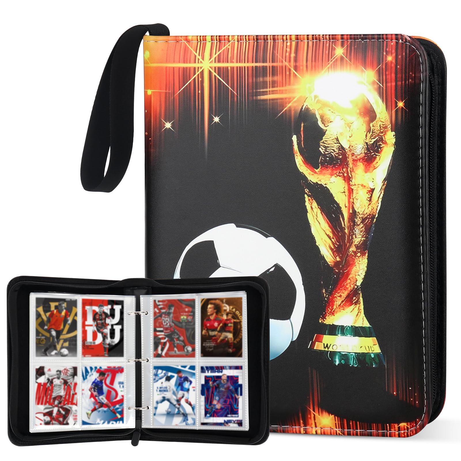 DAJASD Football Card Binder, 4 Pocket Football Card Holder with 60 Removable Sleeves Fits 400 Sport Cards, Waterproof PU Leather Trading Card Binder with Zipper for Standart Size Cards Collector Album