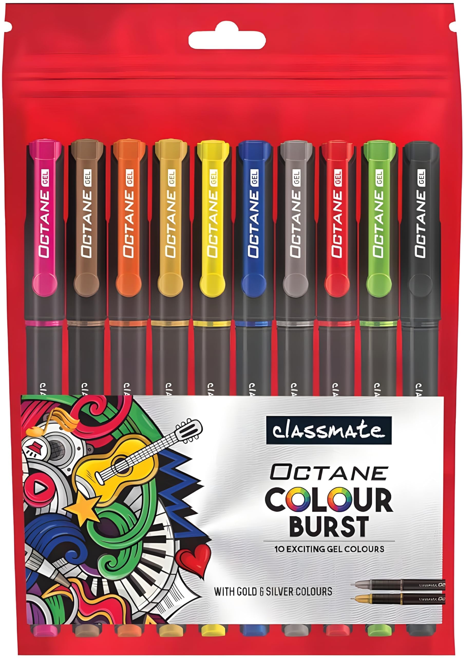 Classmate Octane Colour Burst-Multicolour Gel Pens (Pack of 10) | Gold & Silver Glitter Sparkle Pens|10 Colour Ink Shades for Art Lovers and Kids|Fun at Home Essentials
