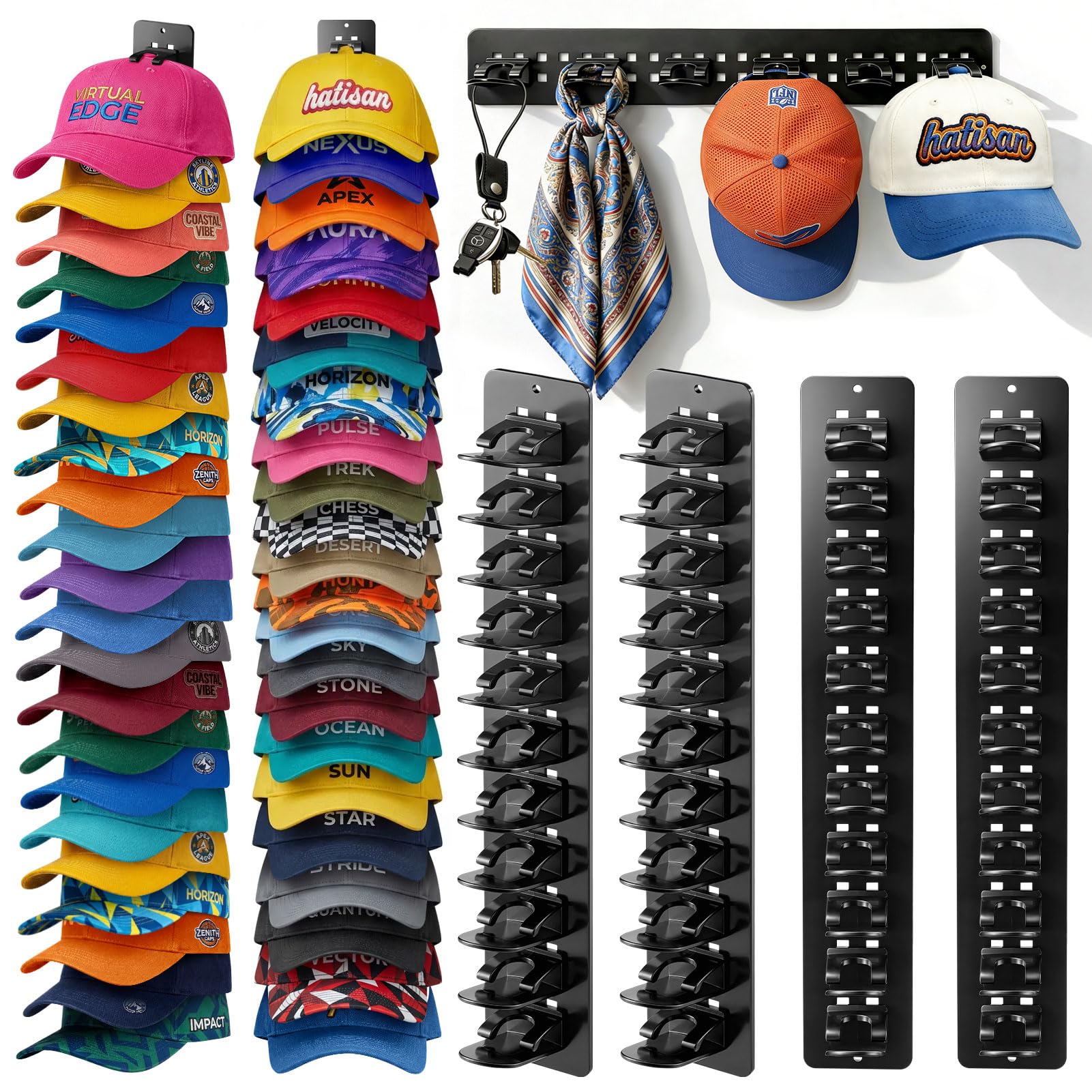 4 Pack Hat Organizer for Baseball Caps, Detachable DIY Hat Rack for Wall Hat Holder Hold up to 44 Hats, Baseball Cap Organizer Cap Holder Hat Hangers for Wall Closet Door Bedroom(4pcs,Black)