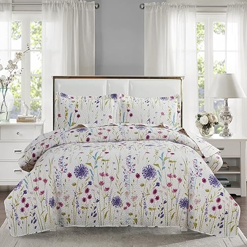 Ycosy Juego de edredón floral tamaño King, colcha de campo ligera, ropa de cama reversible de verano, hojas verdes, morado, colección de ropa de