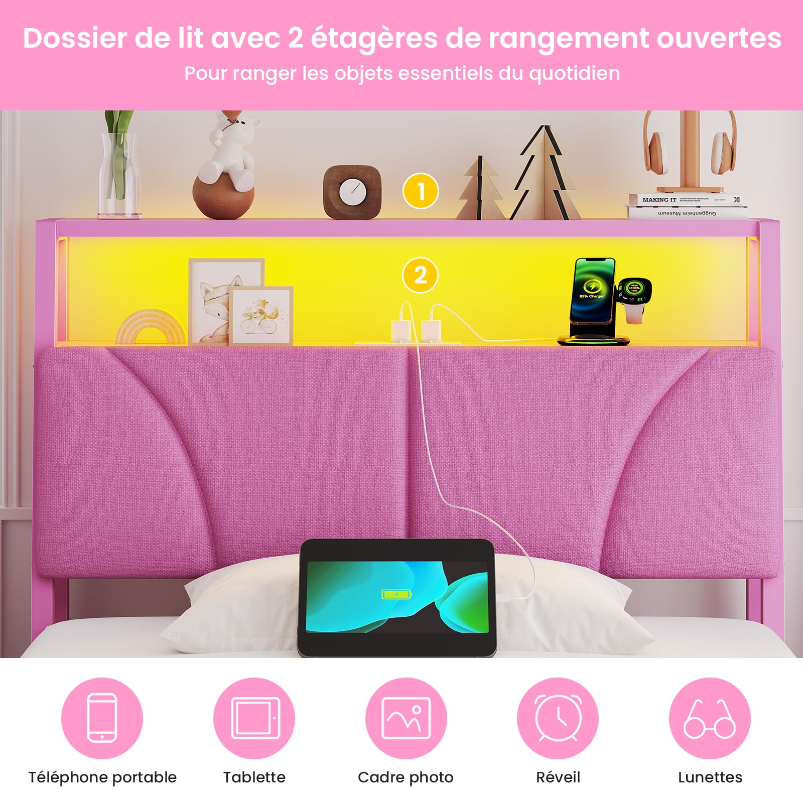 Brinlawb Lit Fille 90x190 cm avec Éclairage LED et Multiprise (2 Prises AC et 2 Ports USB) Cadre de Lit 90x190 avec Sommier Métal, Lit Enfant 90x190 cm, Facile à Assembler, Rose (Matelas Non Inclus)