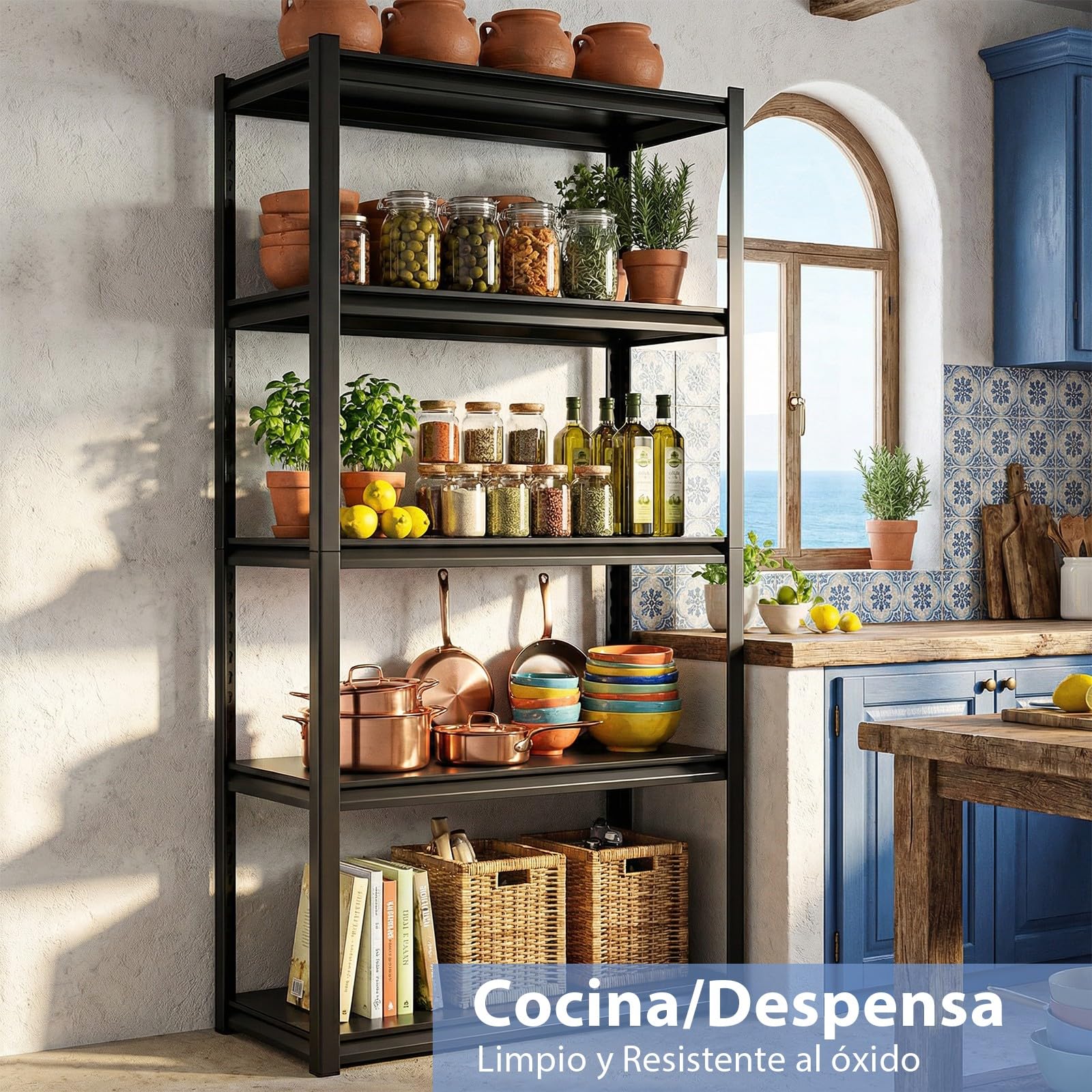 Himimi Estantería Metálica 5 Niveles 1000 kg Estantería de Almacenamiento Resistente con Baldas Regulables en Altura Estantería Abierta para Sótano Garaje Almacén Cocina Estantería 90x40x182cm Negro
