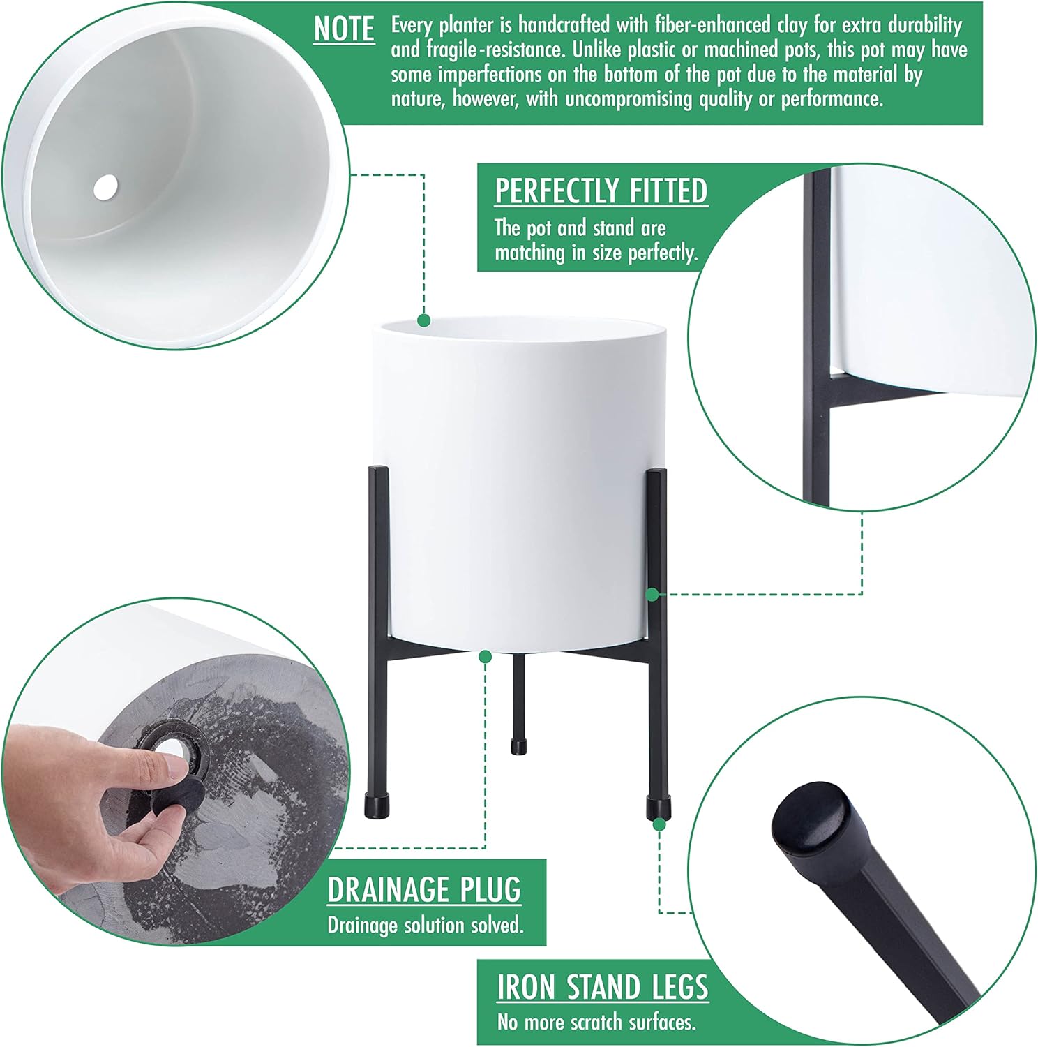 D'vine Dev Mid Century Fiberglass Resin Planter Pot with Iron Stand, 8 inch, Matte White, 96-A-1-S