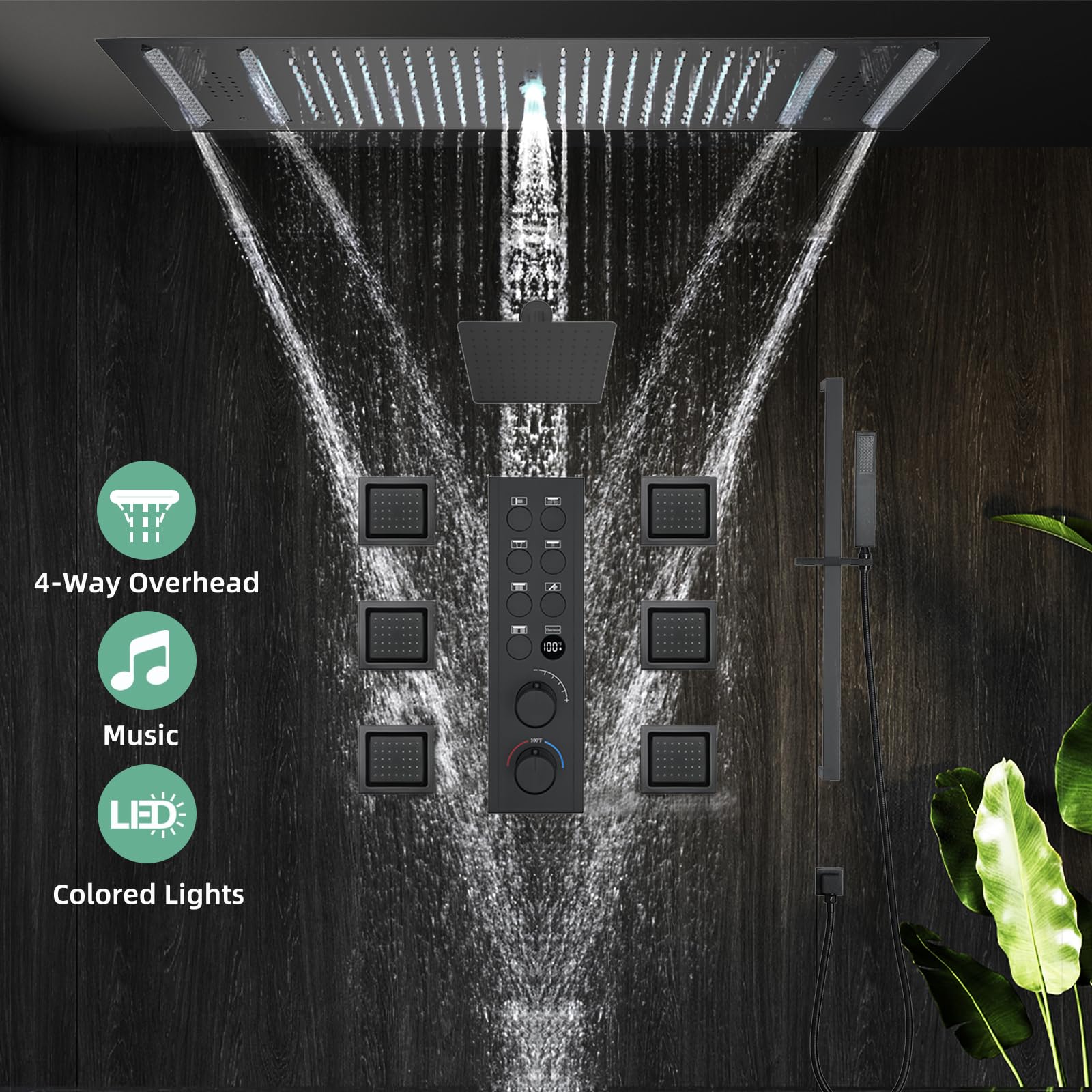 Colonna Doccia,Set Doccia Multifunzione con termostato,Kit Doccia con Musica Bluetooth con soffione da 900x305mm,LED Multicolore,6 soffioni Laterali e doccetta,Doccia soffione Completo,Nero