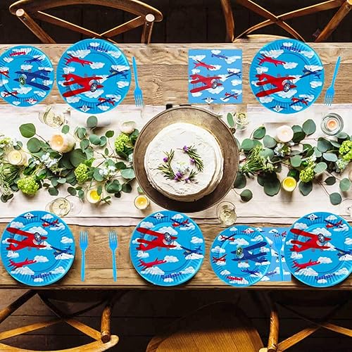 Miniatura 6 de Vajilla para fiesta de cumpleaños de avión, platos de papel desechables para aviación, para niños, cumpleaños, baby shower, suministros de fiesta,