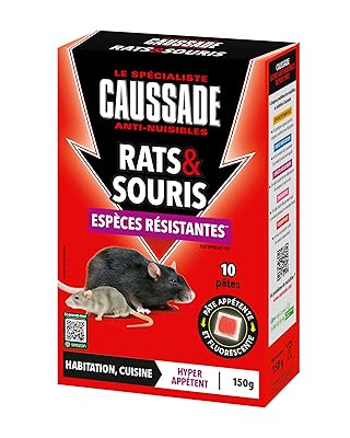 CAUSSADE Anti Rats & Souris - Efficacité radicale - Lieux secs & humides - 10 Sachets pâtes Fluorescents- Prêt à l'emploi - Une Ingestion Suffit - Fabriqué en France - 150g - CARSPTFLUO150
