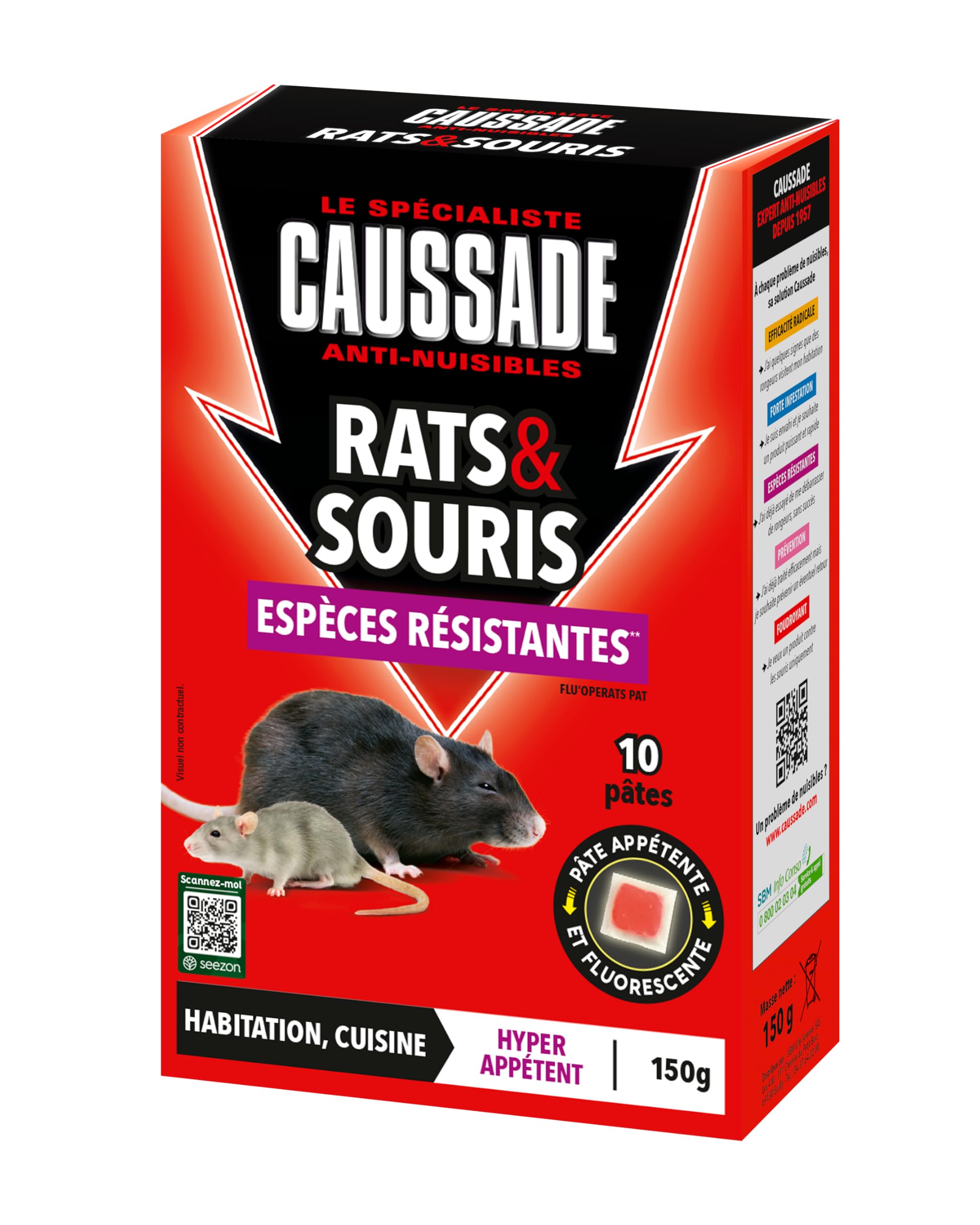 CAUSSADE Anti Rats & Souris - Efficacité radicale - Lieux secs & humides - 10 Sachets pâtes Fluorescents- Prêt à l'emploi - Une Ingestion Suffit - Fabriqué en France - 150g - CARSPTFLUO150