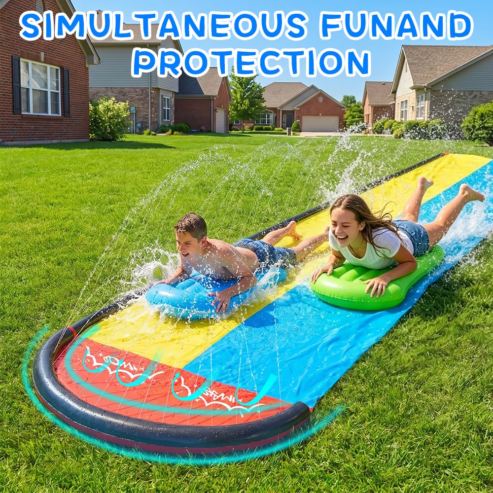 Double Wasserrutsches mit 2 Bodyboards, 19.6ft/600cm Wasserrutsche Garten für Kinder, Wasserrutsche mit Sprinkler Sommer & Splash-Pool, Wasserspielzeug Kinder Outdoor, Gartenspielzeug