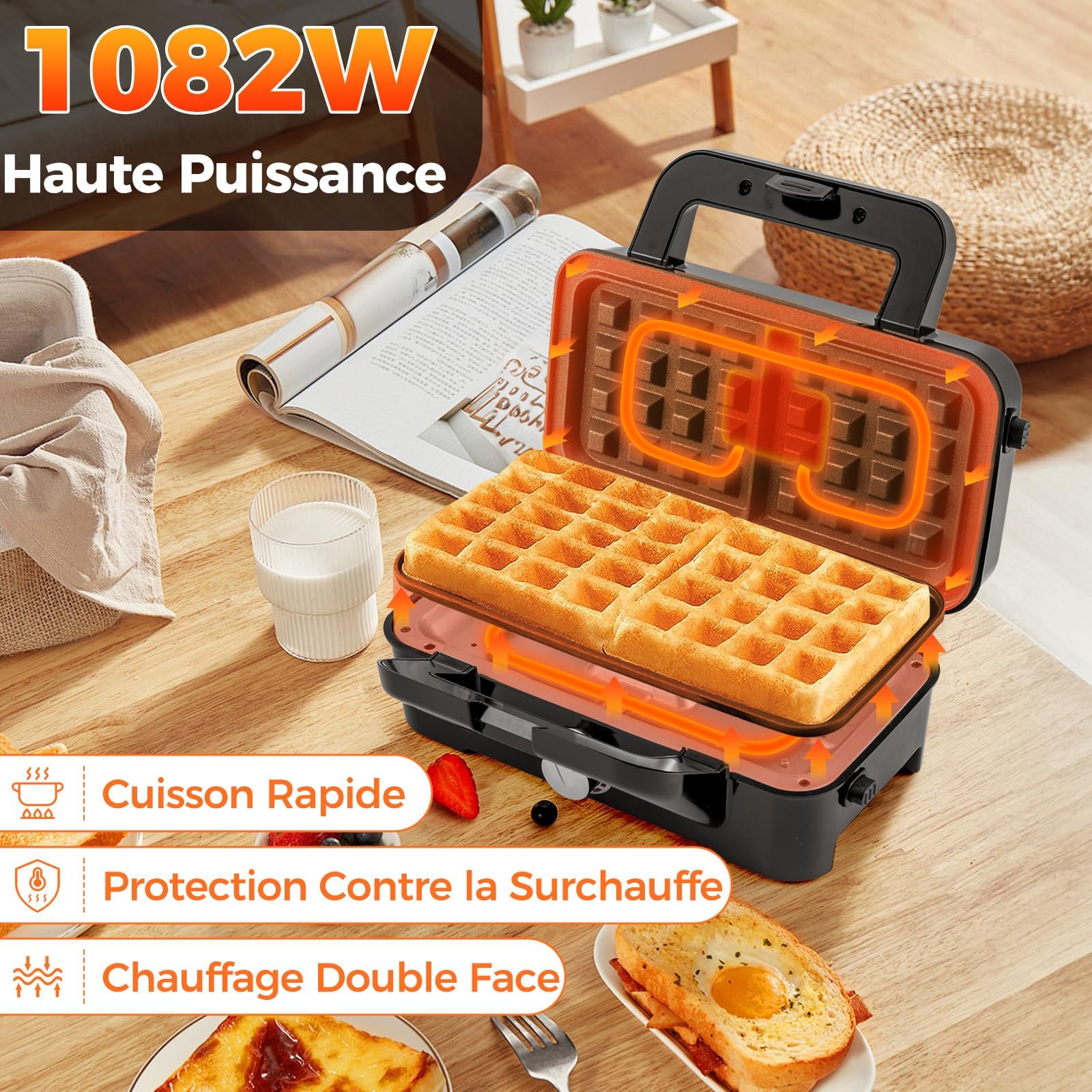 RELAX4LIFE Gaufrier 1000W-Croque Monsieur 3 en 1 avec 2 Frire&2 Griller&2 Gaufres&Poignée Cool Touch|Contrôle de Température à 5 Niveaux, Acier Inoxydable pour Anniversaires Fêtes Pâques Noël (S)