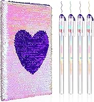 Vista 12 de Outus Juego de diario de lentejuelas para niñas con 4 bolígrafos de tinta de gel de color, diario reversible, cuaderno de lentejuelas con purpurina