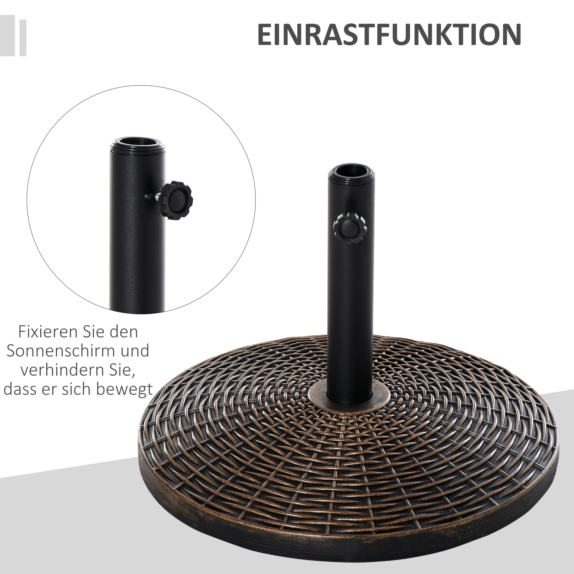 Outsunny Stojak na parasole przeciwsłoneczne, stojak na parasole 25 kg, imitacja rattanu, stojak na kosz Ø 35/Ø 38/Ø 48 mm tworzywo sztuczne + cement, antyczny brąz, Ø 53 x 40 cm