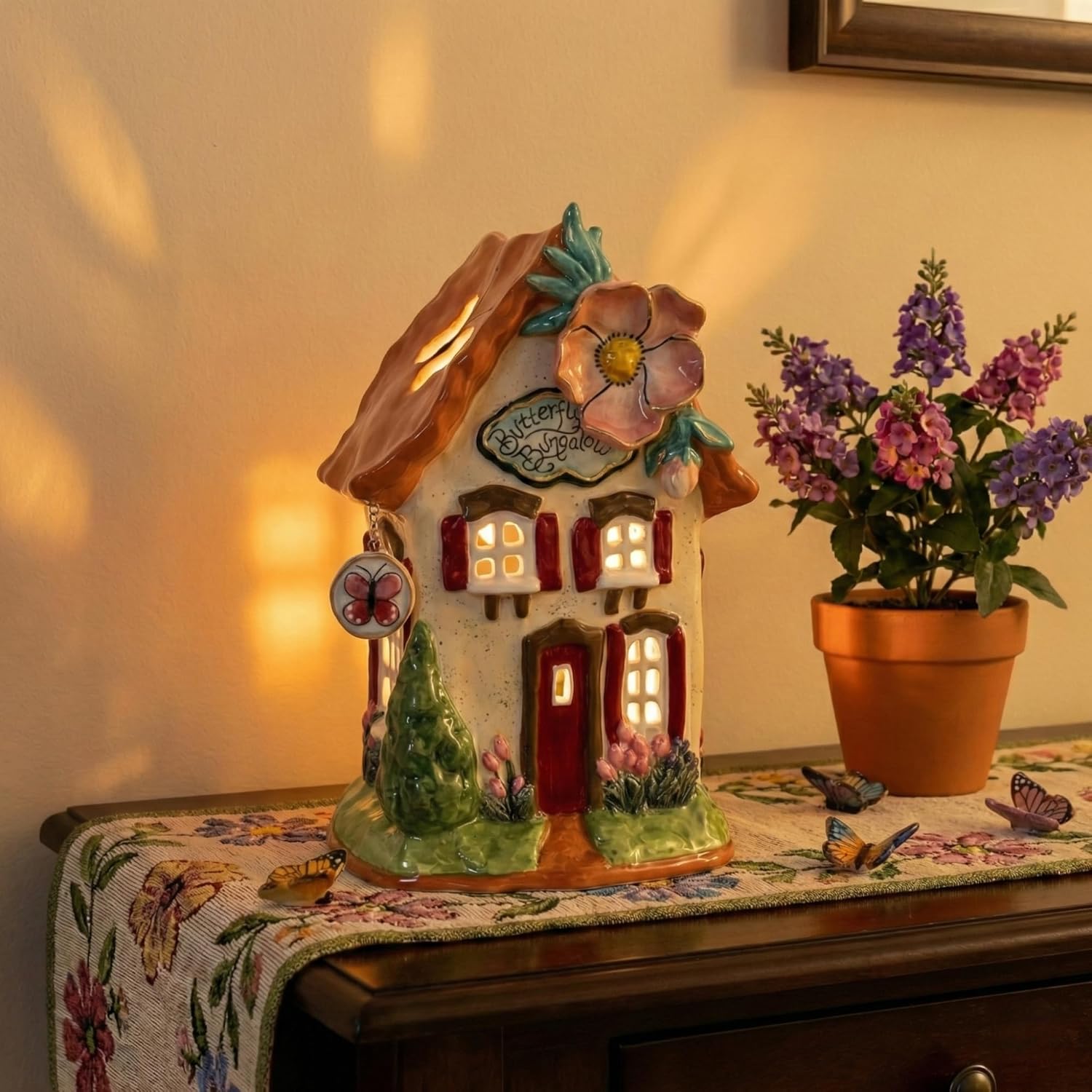 Blue Sky Clayworks Butterfly Bungalow Floral Candle House, Ceramic 6" L x 5" W x 10" H, Storybook Glow Cottage