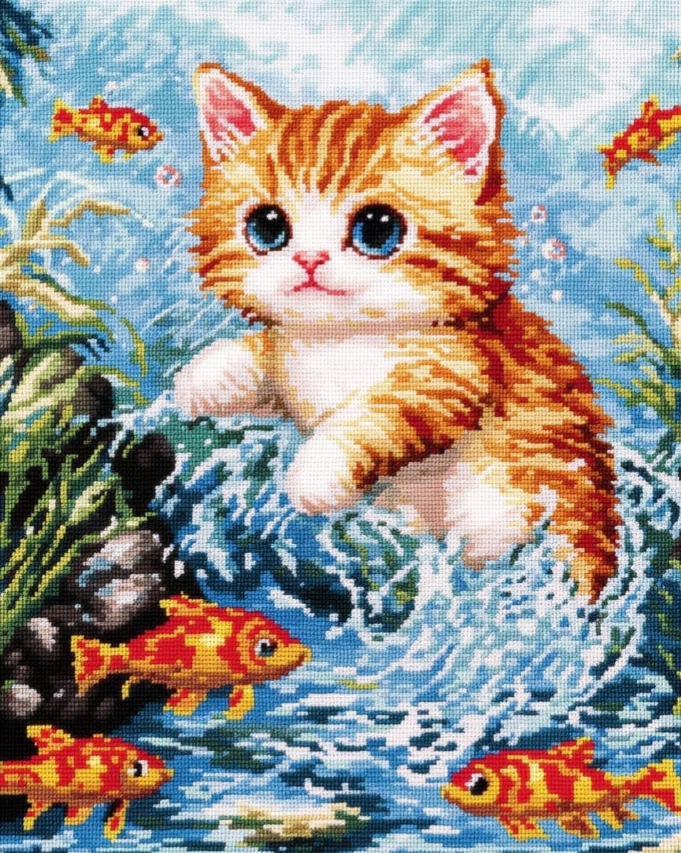 WallustrioaW Cross Stitch Kits,Cats and Goldfish,11CT Cross Stitch for Adults,Stamped Cross Stitch Kits Beginner Embroidery for Adults,40x50cm