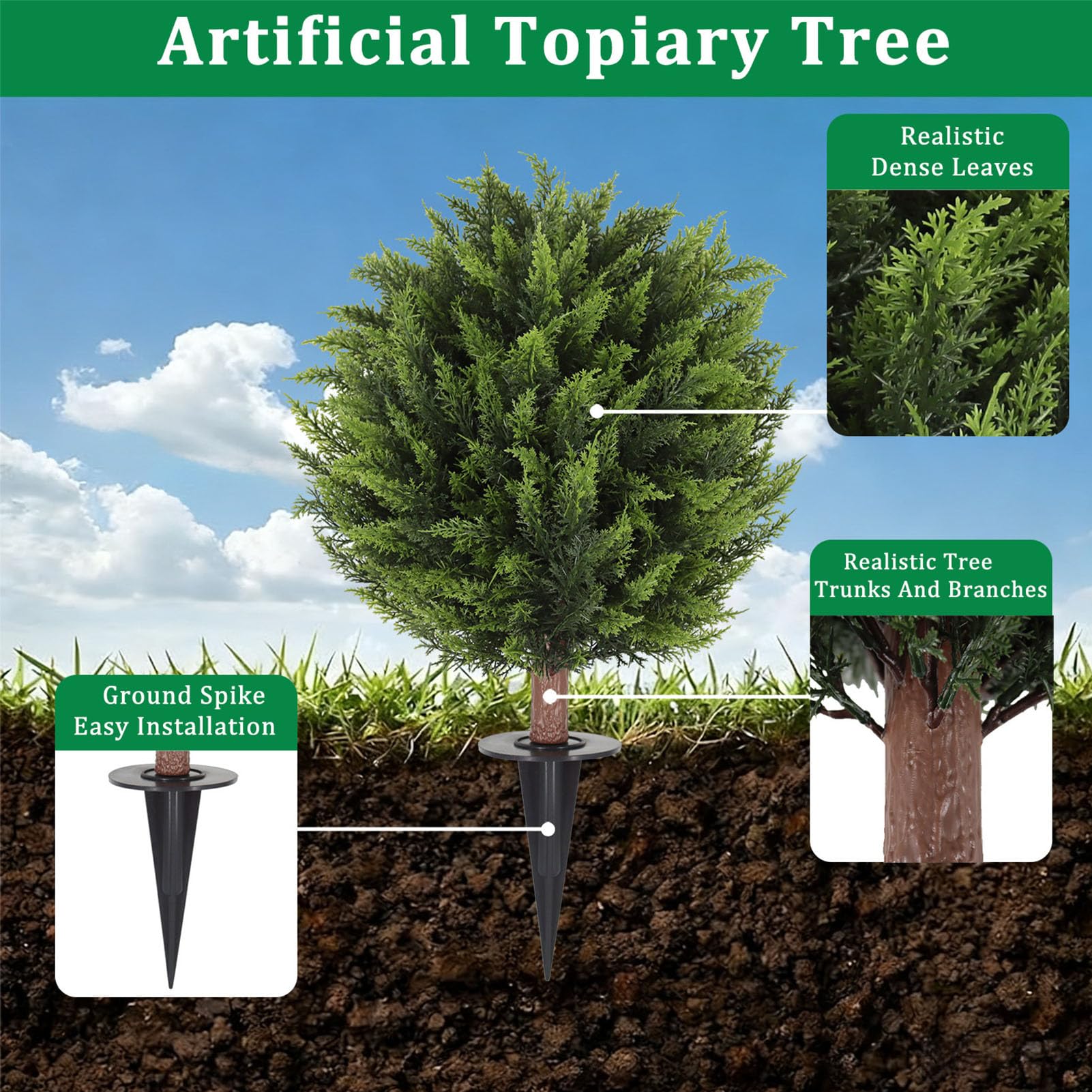 Künstliche Zypresse, Topiary-Pflanze, Realistischer Künstlicher Buschbaum für Hausgarten-Dekoration mit Erdspieß, 1 Einheit (2 Stücke)