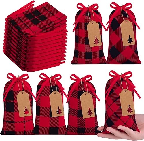 Aneco 10 mini bolsas a cuadros de búfalo de 11.8 x 9.8 pulgadas, bolsa con cordón, bolsa de regalo de Navidad, bolsas de Navidad de algodón para