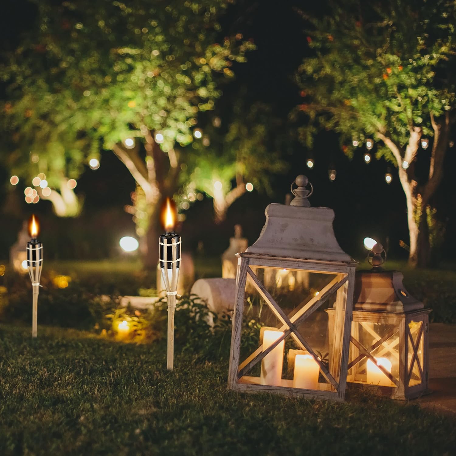 Relaxdays Set of 10 Garden Oil Torches, with Replacable Wicks, Bamboo & Iron, Outdoor Party Flares, HxØ: 40x6cm, Natural