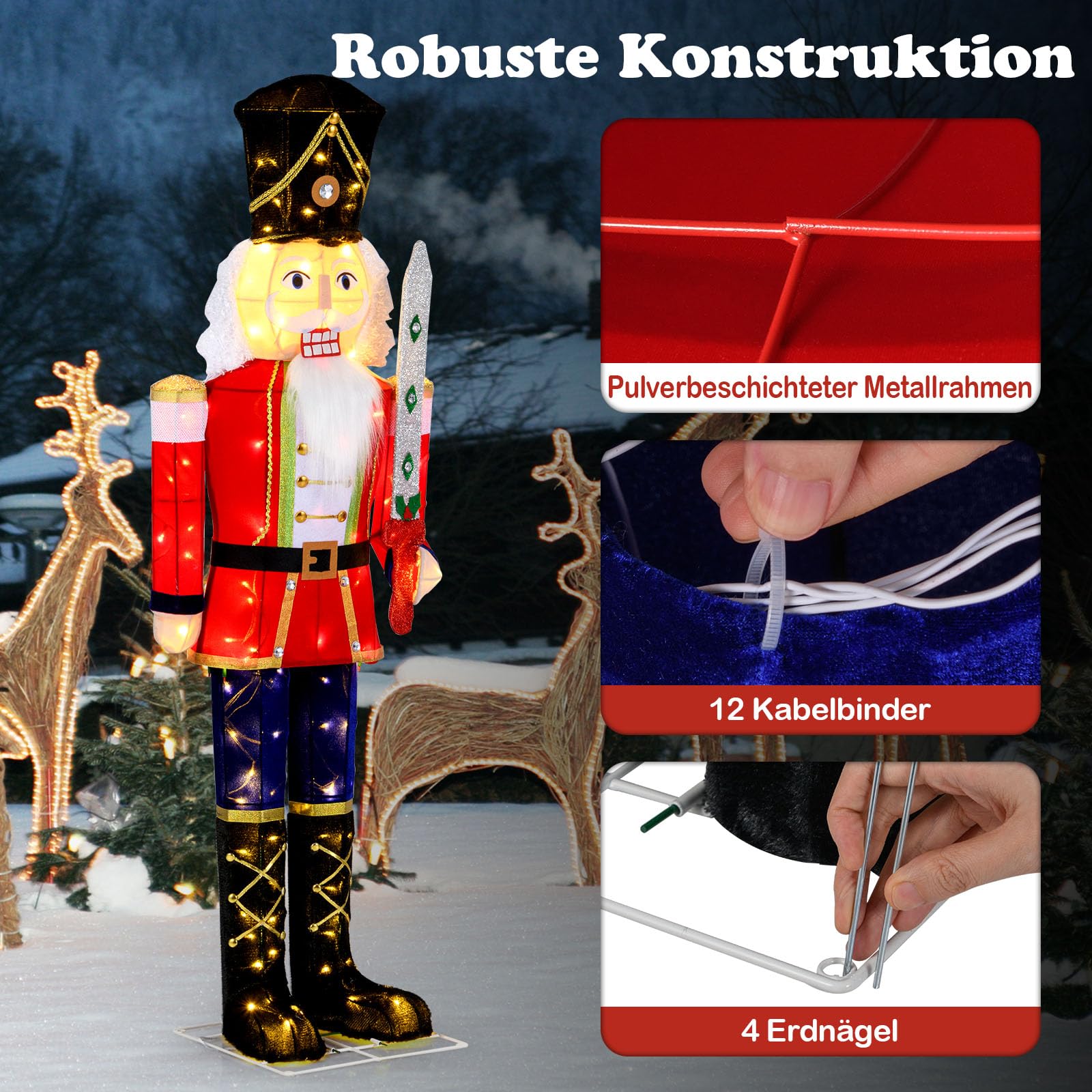 COSTWAY Bożonarodzeniowa figurka dziadka do orzechów, duża, podświetlana dekoracja bożonarodzeniowa XXL, 157 cm, figurka bożonarodzeniowa ze 100 diodami LED, dekoracja bożonarodzeniowa, oświetlenie