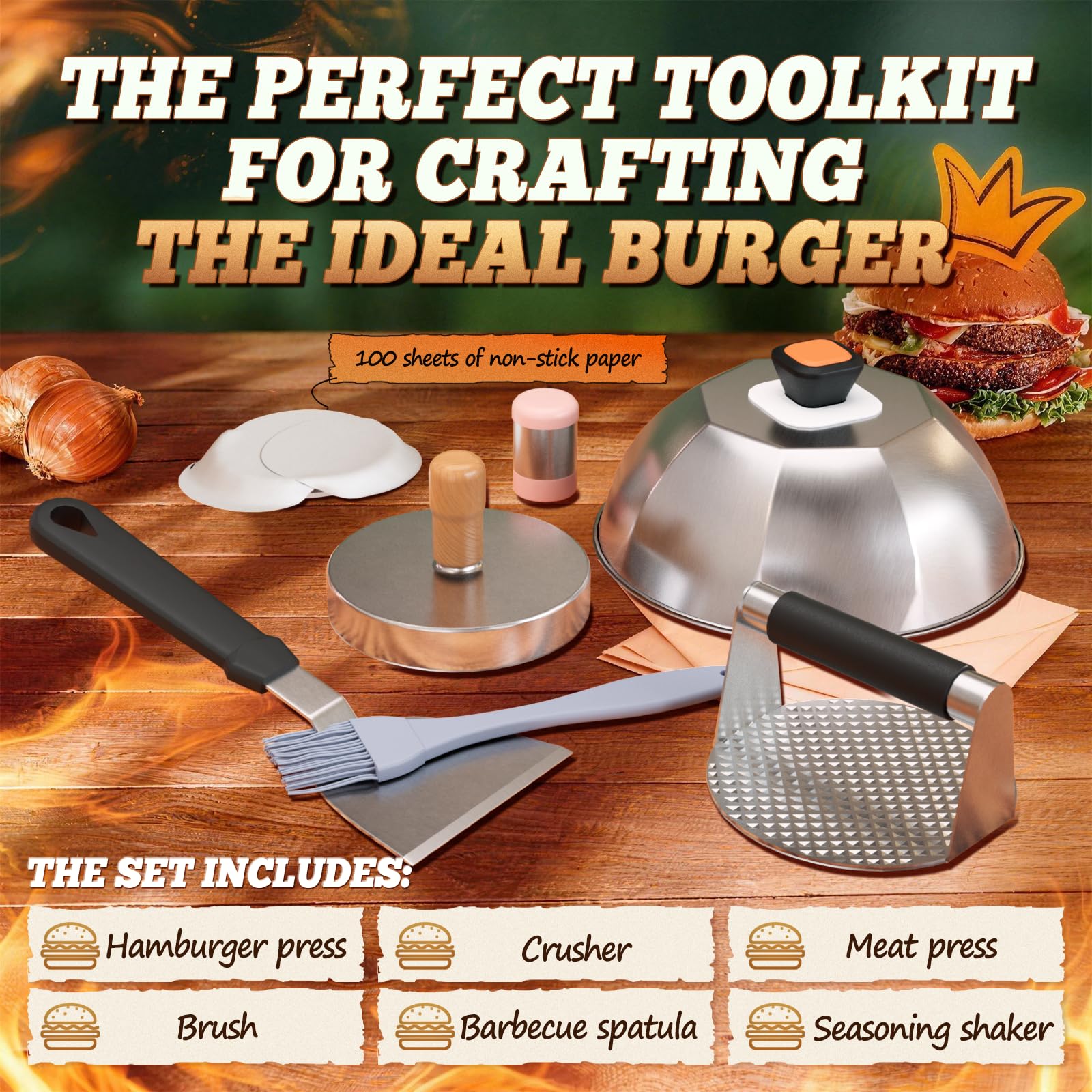 Smash Hamburger Set con manico in silicone, in acciaio inox, set da 7 pezzi, con pressa per hamburger, spatola, campana per hamburger, pennello, pressa per carne, carta antiaderente, spezie, un regalo