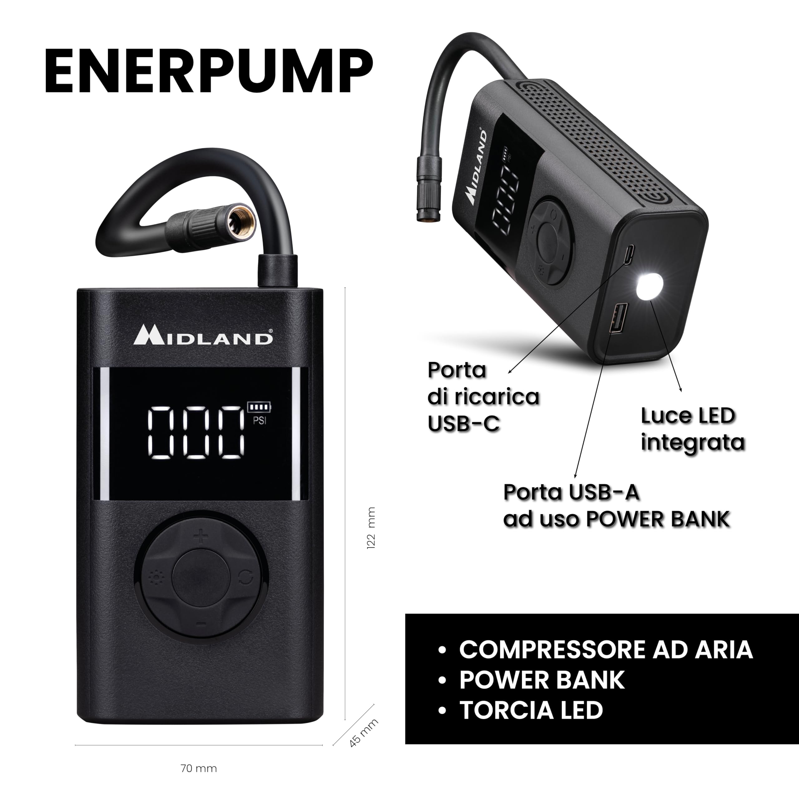 Midland - ENERPUMP | Compressore d'aria portatile 150 PSI/10 Bar, Batteria 4000 mAh+Batteria esterna, Gonfiaggio rapido Moto, Bicicletta, Auto, Palloncini, Materasso