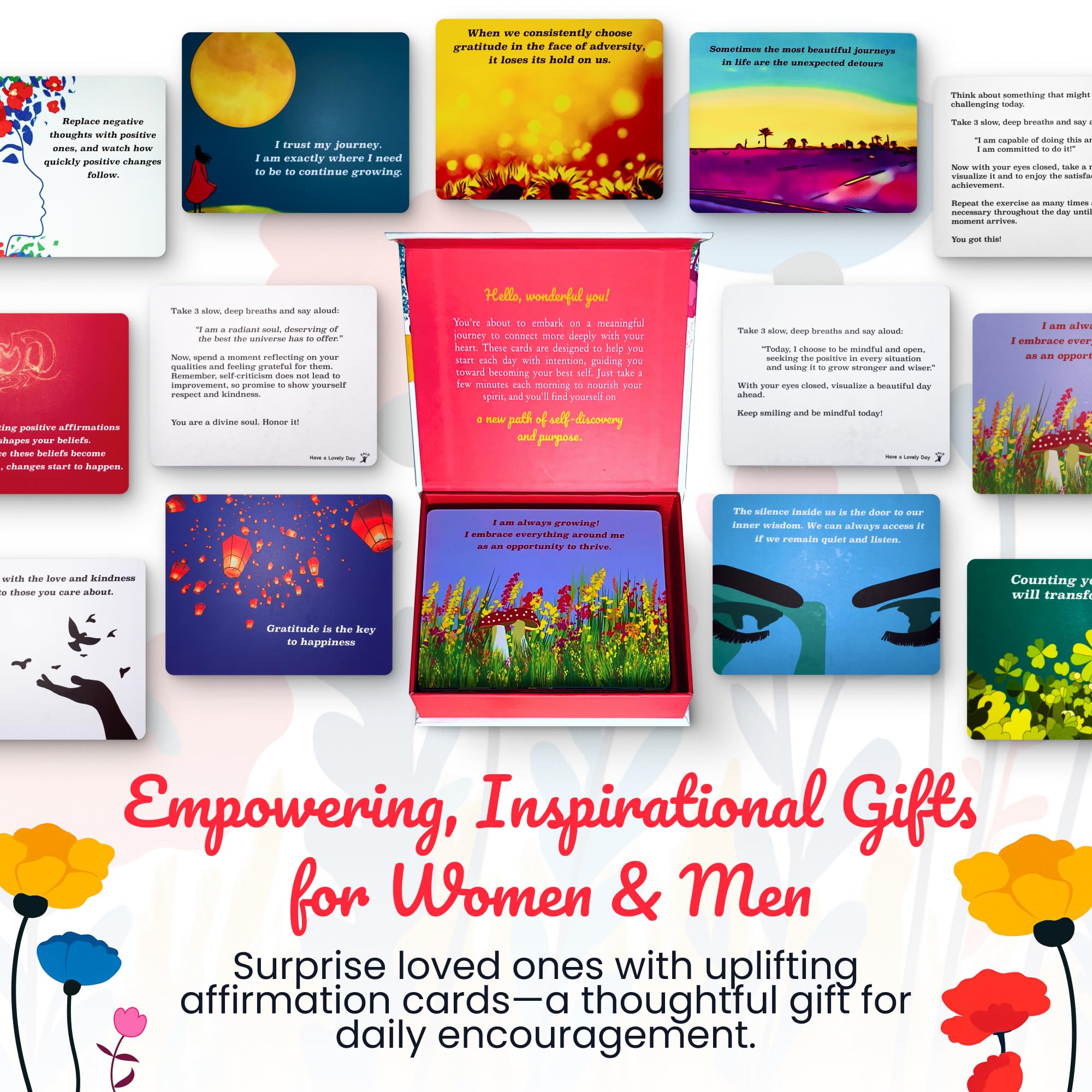 HALD Positive Affirmation Cards with Mindfulness Exercises, Inspirational Tools for Everyone, Motivational Items, Self Care Gifts for Women, Men & the Youth, 60 Transformative Affirmation Cards