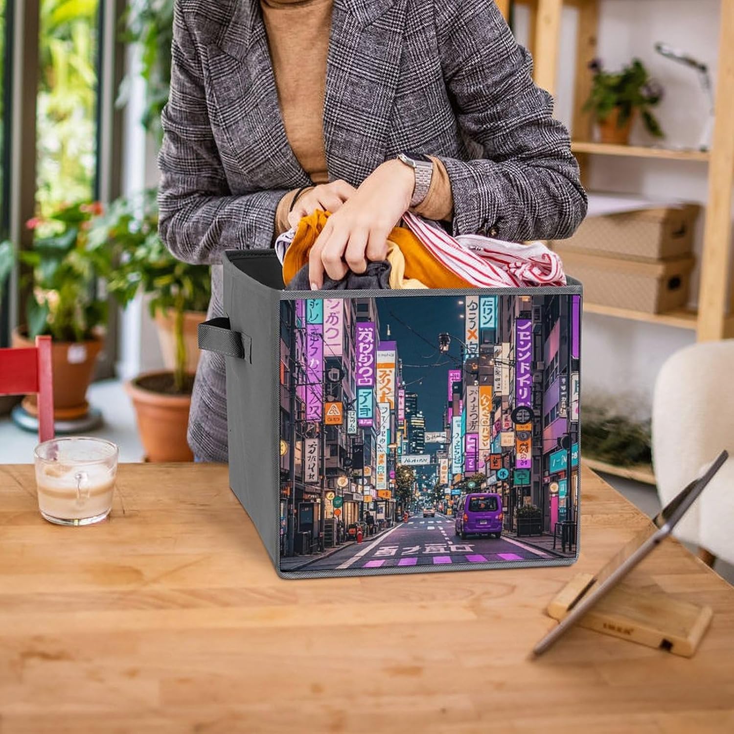 Purple Tokyo Streets Foldable Storage Box with Handles, Durable Oxford Storage Cubes, 2PCS Collapsible Closet Organizer for Home, Shelf, Office, Travel