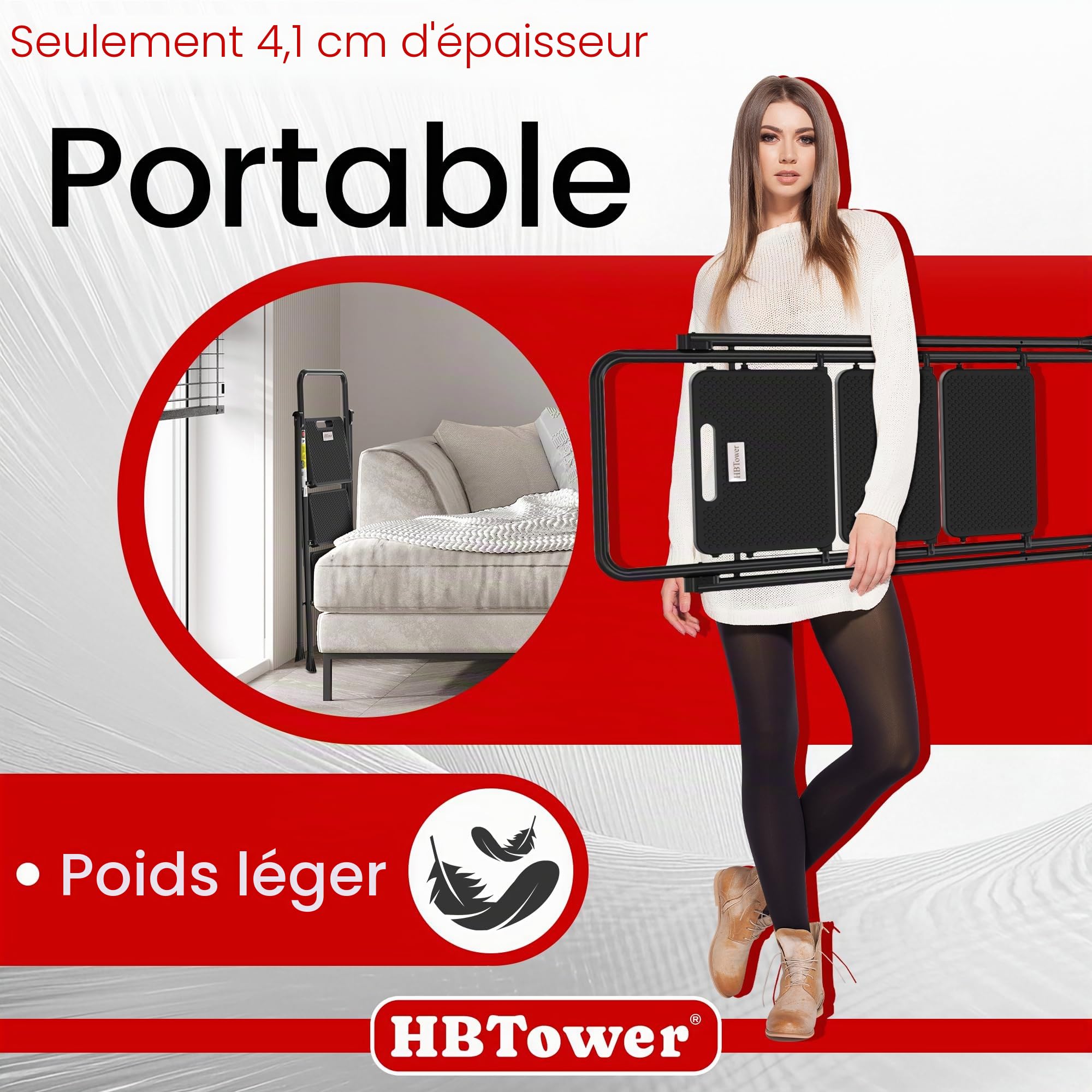 HBTower Escabeau 3 Marches Pliable, Échelle avec Pédales Antidérapantes et Poignée Confortable, Escabeau en Acier Portable, Noir