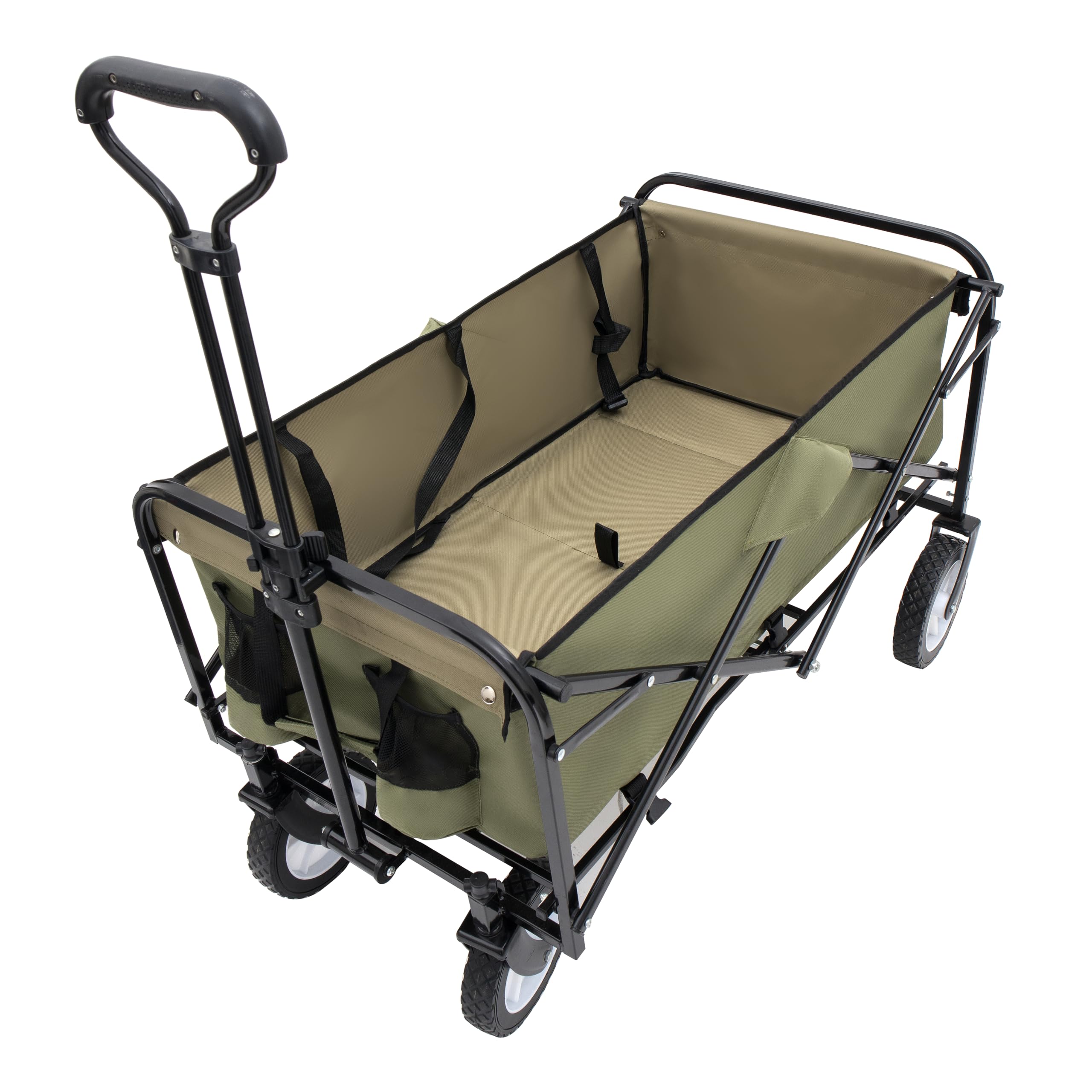 ESPIDOO Heavy Duty Folding Wagon Cart: All-Terrain Utility Cart with Strapping System for Camping, Beach & Shopping - 360° Swivel Wheels, Metal Frame, Olive Green & Black, Supports 360lbs