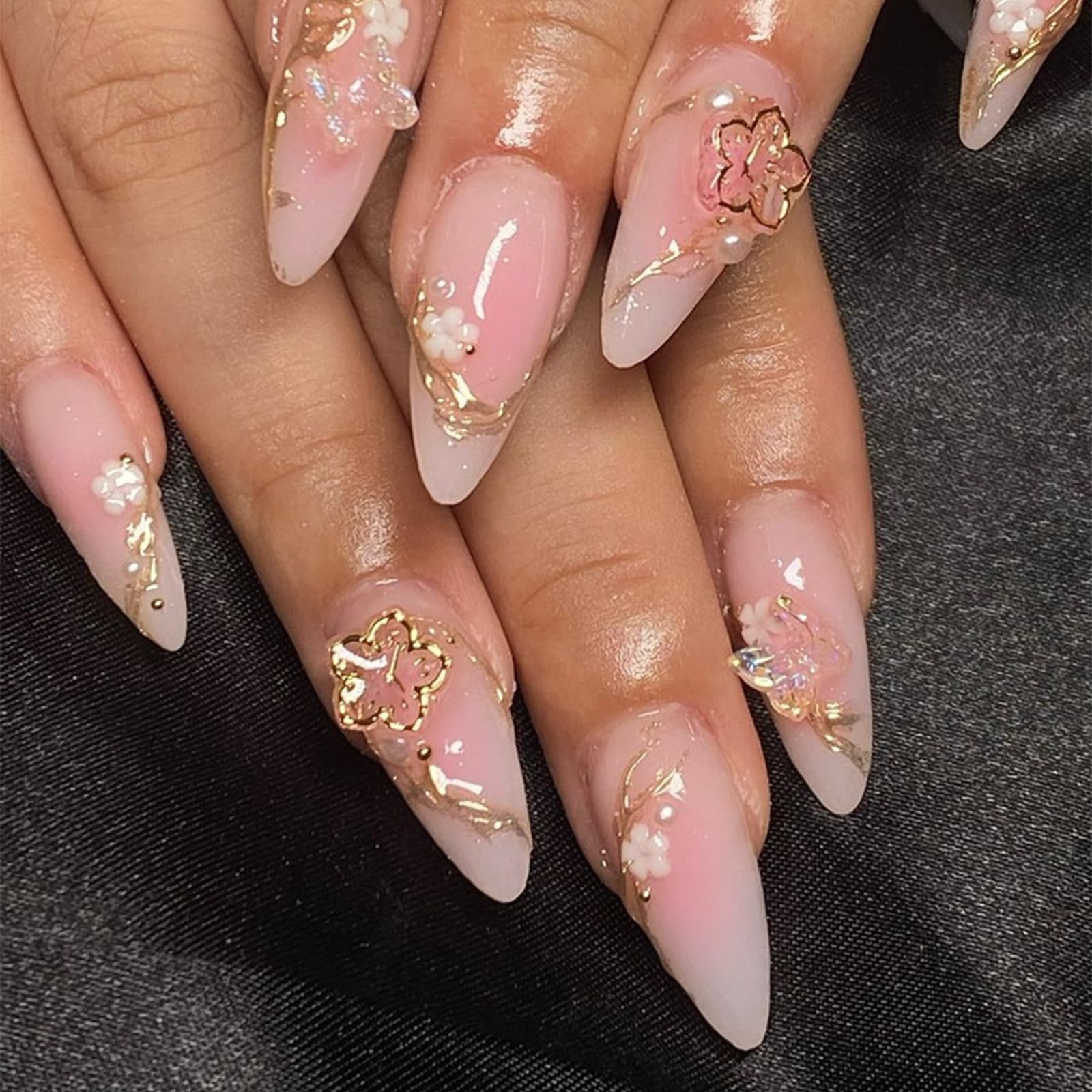 GlamRays 3D Flower Crystal Press on Nails Medium Almond Shape False Nails Glossy Pink Full Coverage Acrylic False Nails with Decorations Golden Line Designs 24 Pieces
