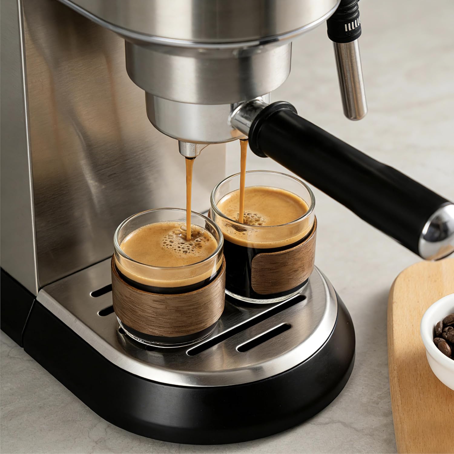 4 oz Espresso Cups Set of 4, Borosilicate Glass with Insulated Walnut Wood Ring for Macchiato and Cortado (Glass + Walnut Ring)