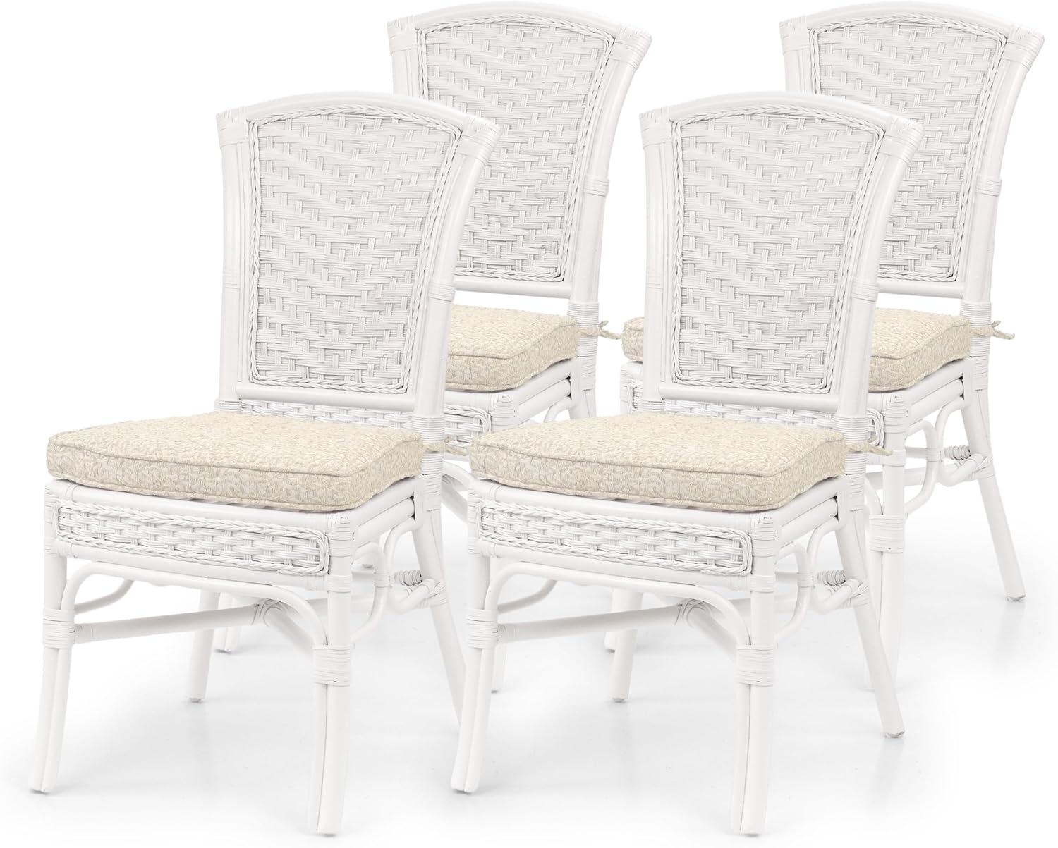 Set of 4 Alexa Dining Side Chairs Natural Rattan Wicker Handmade Design with Cushion, White Color