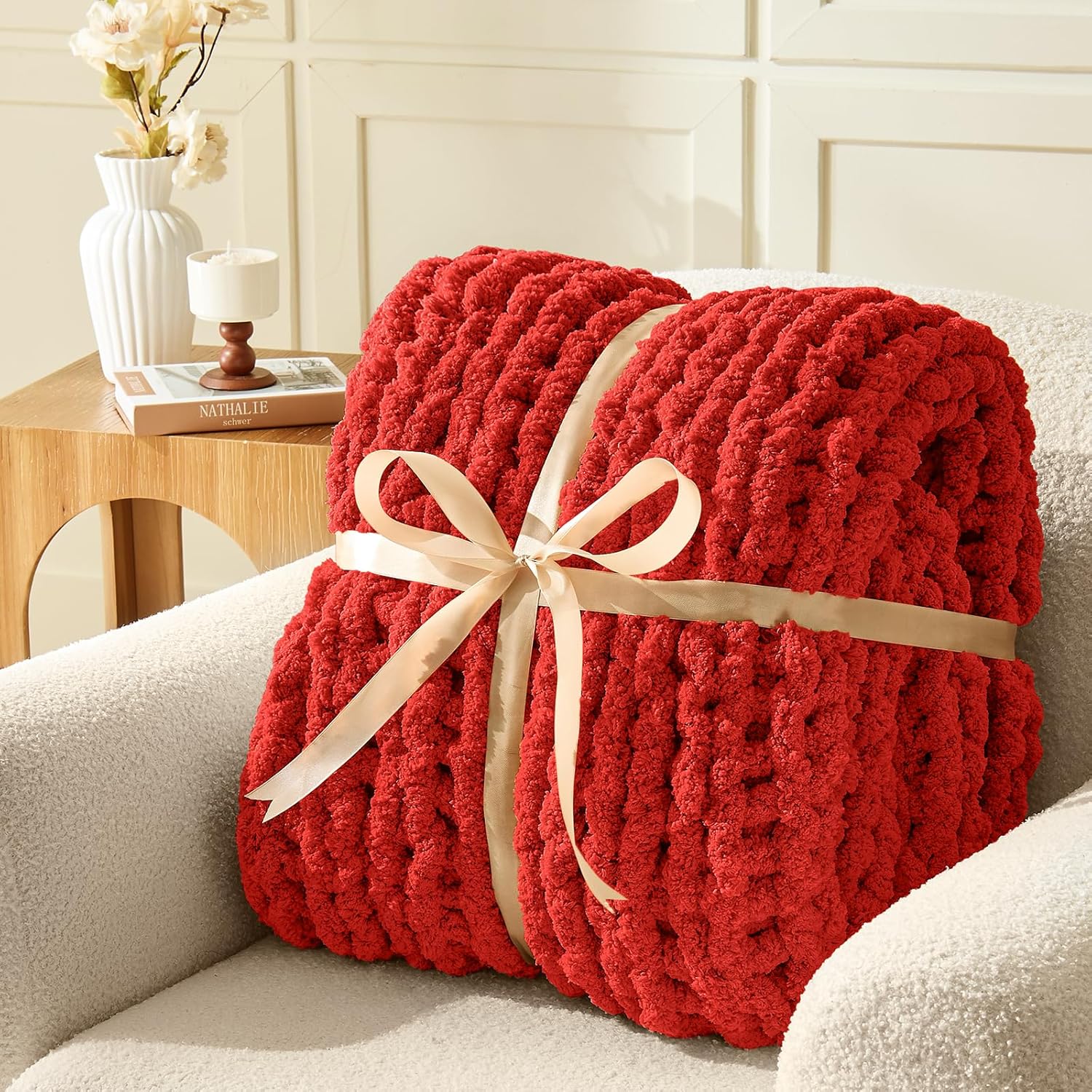 Inhand Classic Red Chunky Chenille Yarn for Hand Knitting,Thick Bulky Mom Blanket Yarn for Crocheting,Soft Fluffy Yarn for Mother’s Day Gifts and Crafts for Women/Grandma,8 Pack (29.5Yds/8.4oz Each)