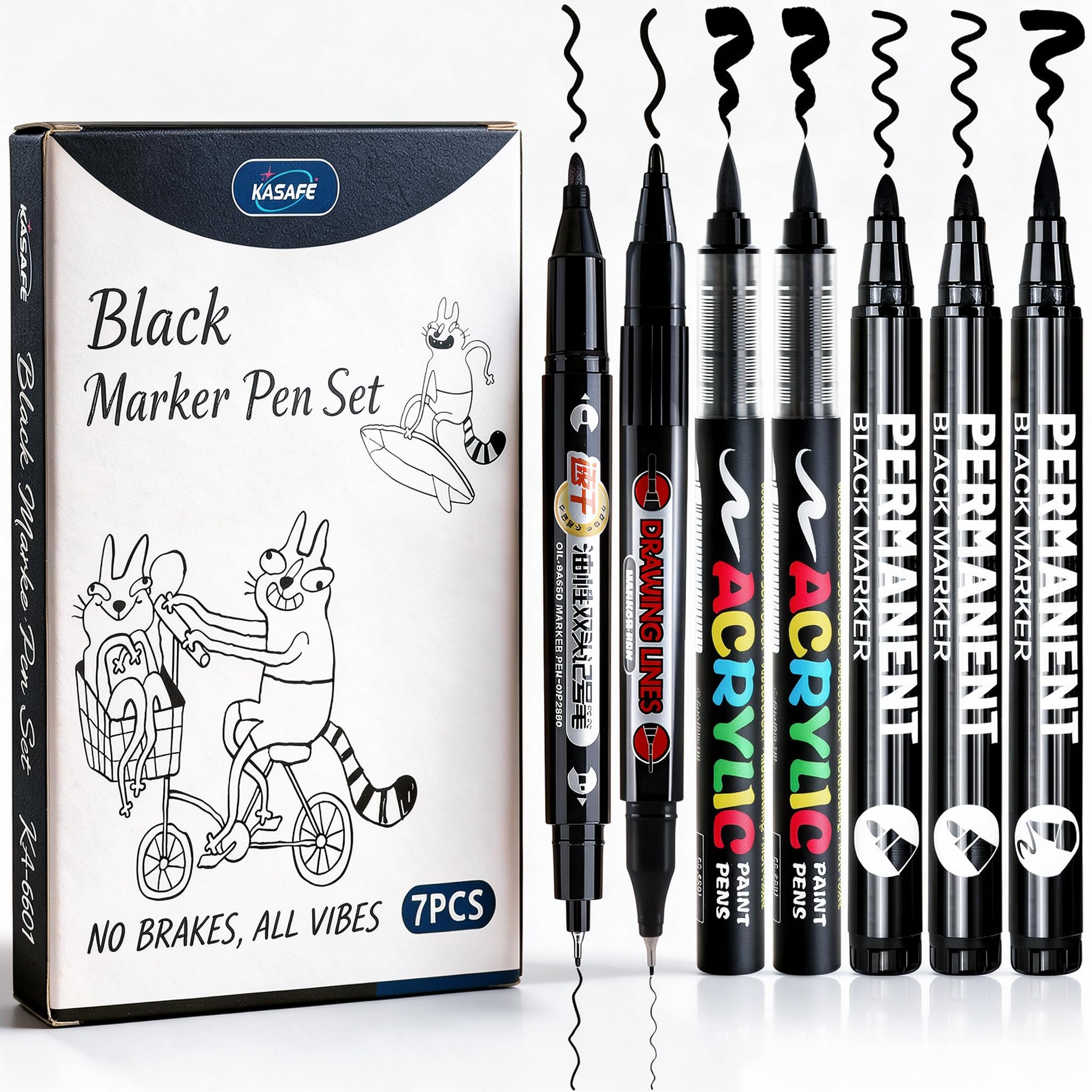 KASAFE Acrylstifte Schwarz & Acrylmarker Schwarz 7er Set mit 2 Fineliner | Komplette Spitzenvielfalt, Hochdeckende wasserfeste Tinte, Universelle Oberflächenkompatibilität, Für alle Niveaus