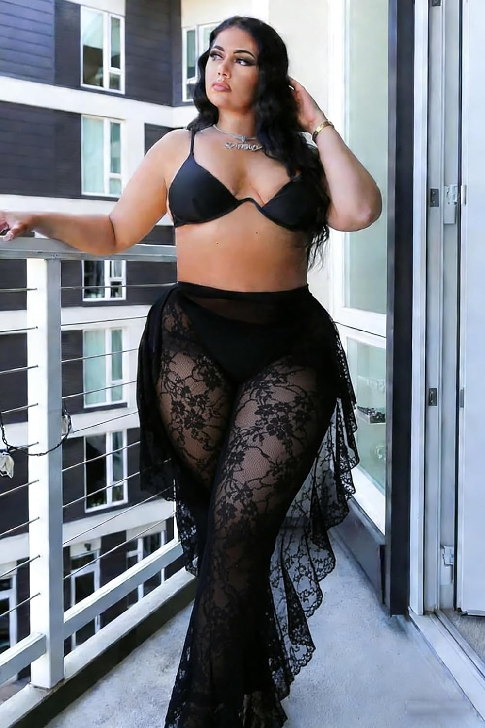 Women's Lace Pants Floral Sheer Mesh Cover up Pants Beach Swimwear Bikini Bottom See Through Elastic High Waisted Wide Leg