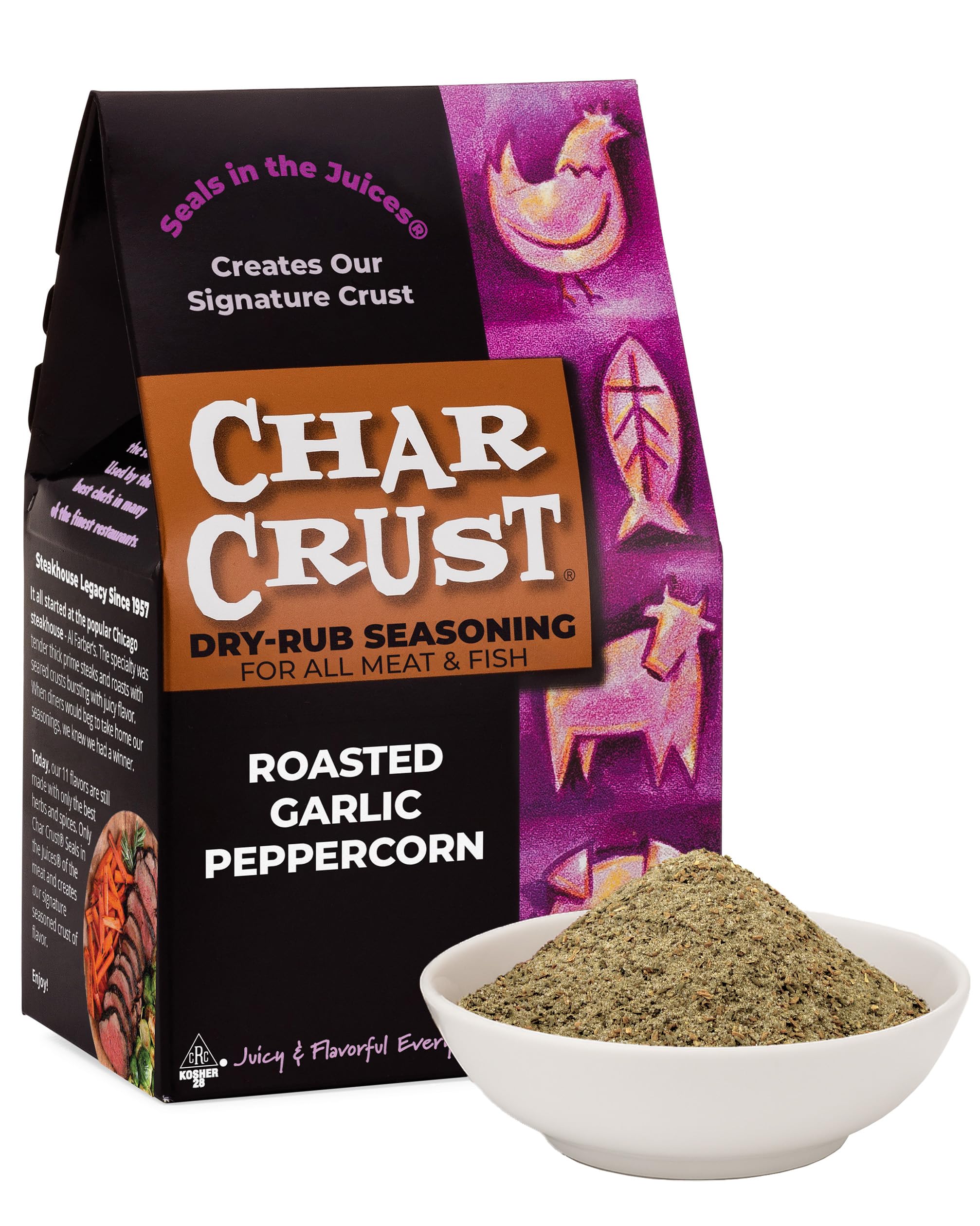 Char Crust Dry-Rub Seasonings Roasted Garlic Peppercorn | All-in-one seasonings | Perfect for Steak, Burgers, Chicken, Salmon | Signature Crust that