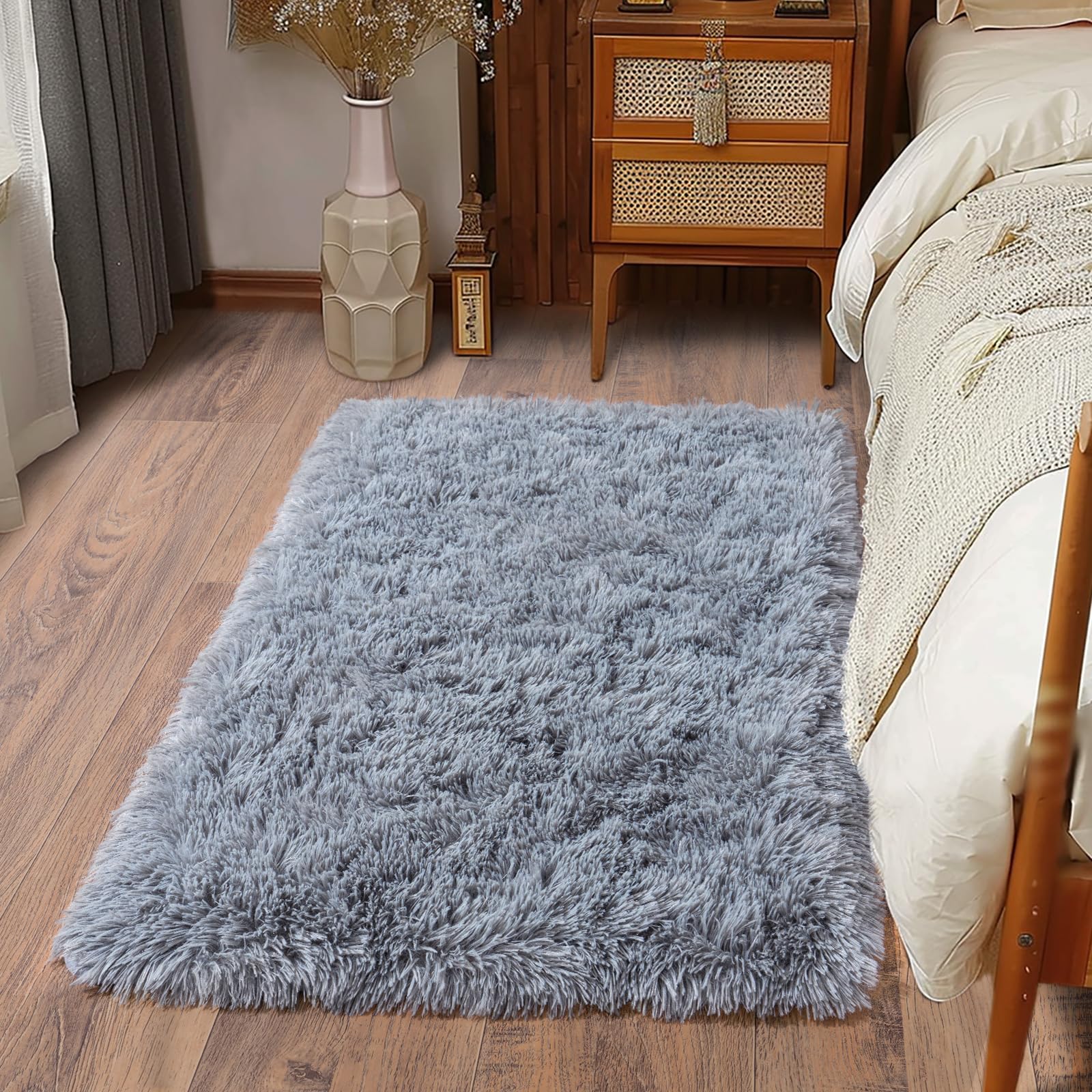 Ailyei Soft Runner Rugs for Bedroom Hallways, 2 Packs 2x3 Grey Fluffy Shag Throw Area Rug Non Slip for Bedside Dorm, Long Shaggy Furry Carpet for