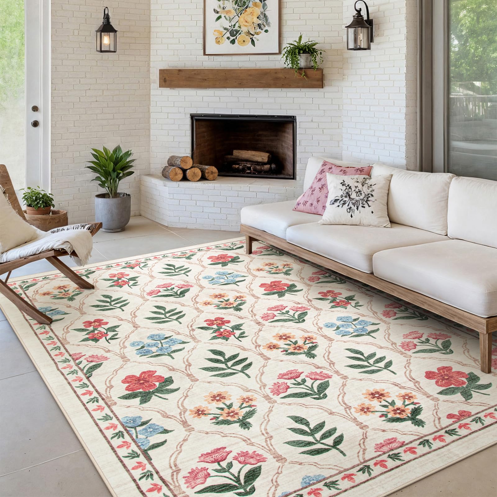 LIVEBOX Beige Boho Living Room Rug 5x7,Machine Washable Boho Area Rug Non Slip Floral Vintage Low Pile Large Rugs for Livingroom, Bedroom, Farmhouse Dining Room Rug(5 x 7ft, Beige/Multi)