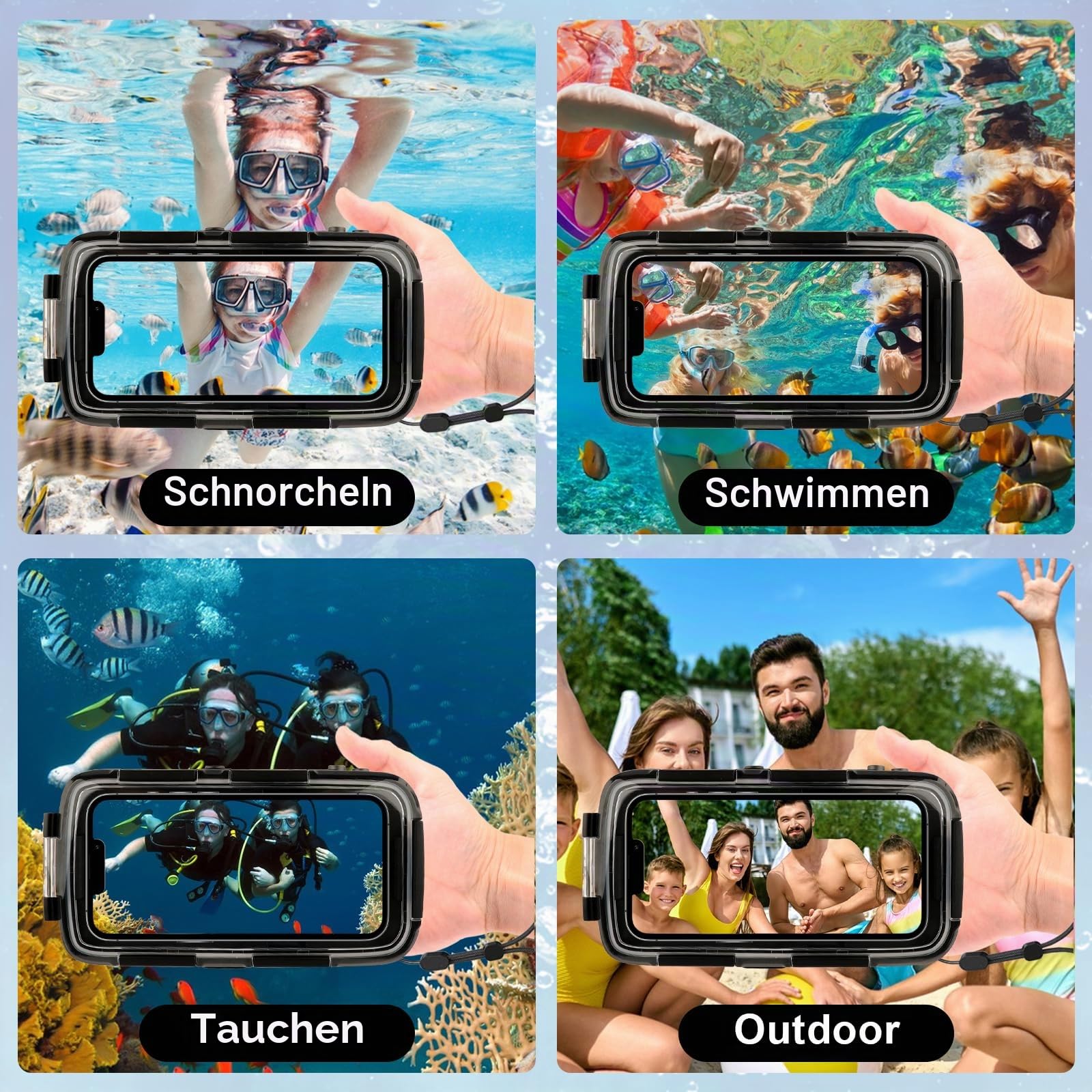 Unterwasser-Schutzhülle, wasserdicht, Tauchen, Schnorcheln, universal, Unterwasser-Foto- und Video-Tauchgehäuse, Griff für iPhone 16, 15, 14, 13, 12, 11 Pro Max/XS/X, Samsung Galaxy und weitere Handys