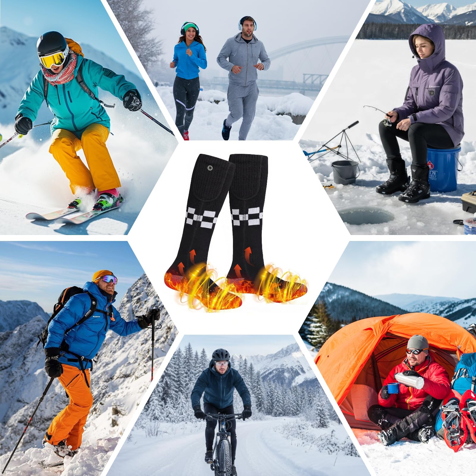 Chaussettes Chauffantes Unisexe Chauffage à 360°, 5000mAh Chaussette Chauffante Rechargeables 3 Températures, Semelle dos pieds chauffée double face, Lavables pour la Chasse d'hiver/Camping/À pied