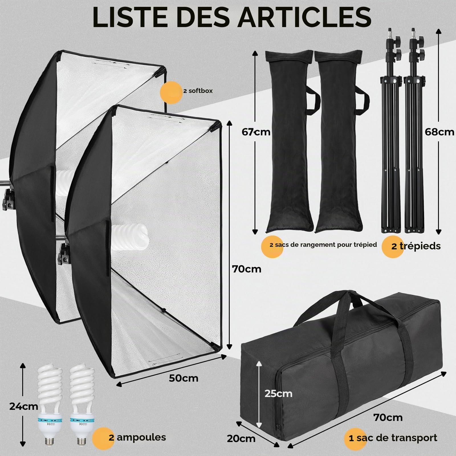 Kit Softbox Éclairage Photographie, 2 Softbox 50x70cm, 2 Ampoules LED, 2m Support Réglable, Kit Équipement de Studio pour Vidéo/Produits/Rétraits, Éclairage Doux Uniforme