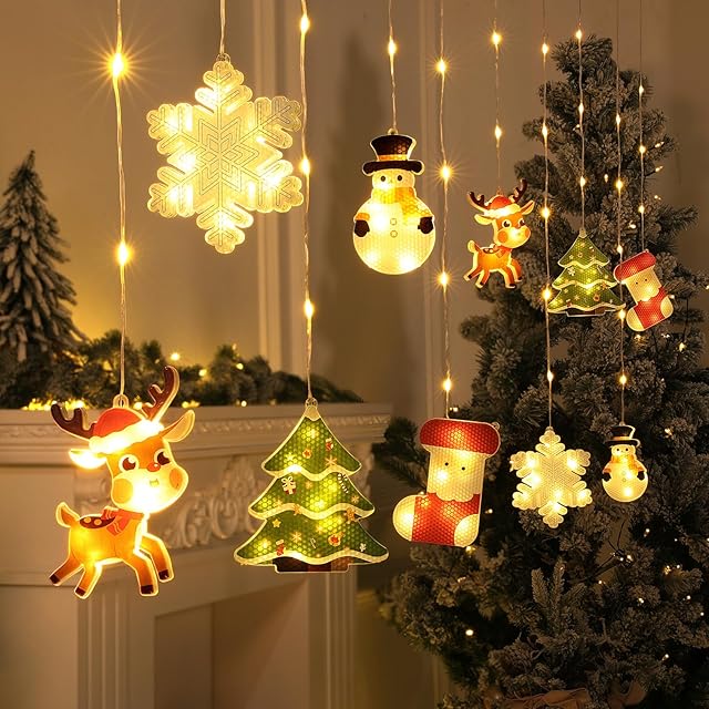 BLOOMWIN Window Lights Christmas Decor - [Upgraded Version] LED Novelty Hanging 3D Christmas Curtain Lights String USB for Indoor Bay Windows Bedroom Wall Snowflake Snowman Xmas Tree Stockings Elk