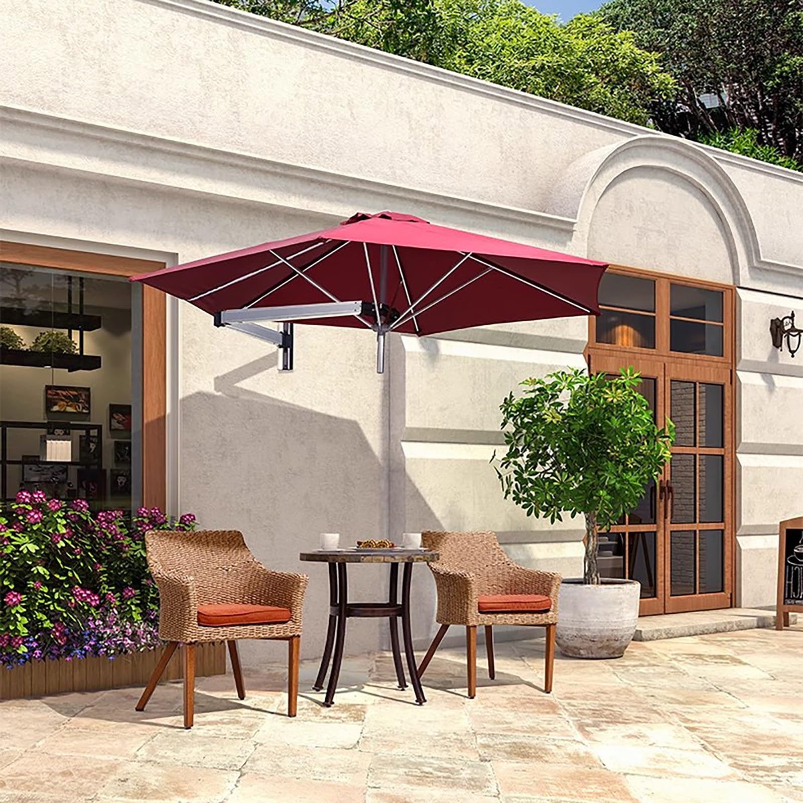Solarny parasol tarasowy, naścienny, aluminiowa rama, parasol przeciwsłoneczny, przechylany parasol ze światłami LED